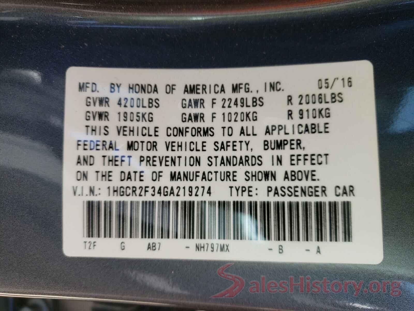 1HGCR2F34GA219274 2016 HONDA ACCORD