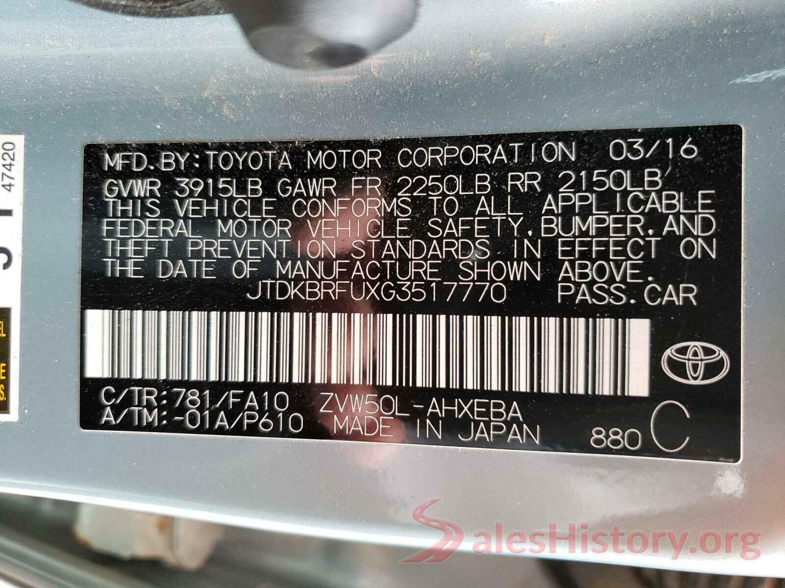 JTDKBRFUXG3517770 2016 TOYOTA PRIUS