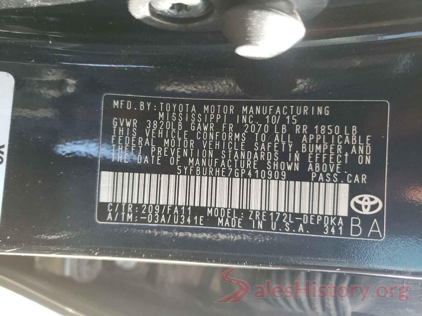 5YFBURHE7GP410909 2016 TOYOTA COROLLA