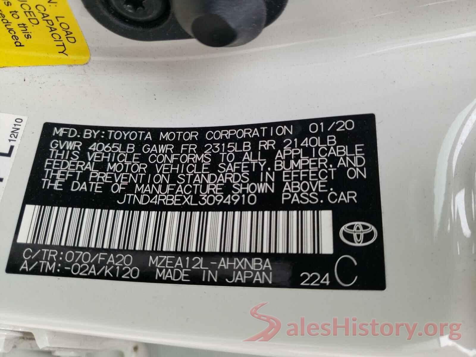 JTND4RBEXL3094910 2020 TOYOTA COROLLA