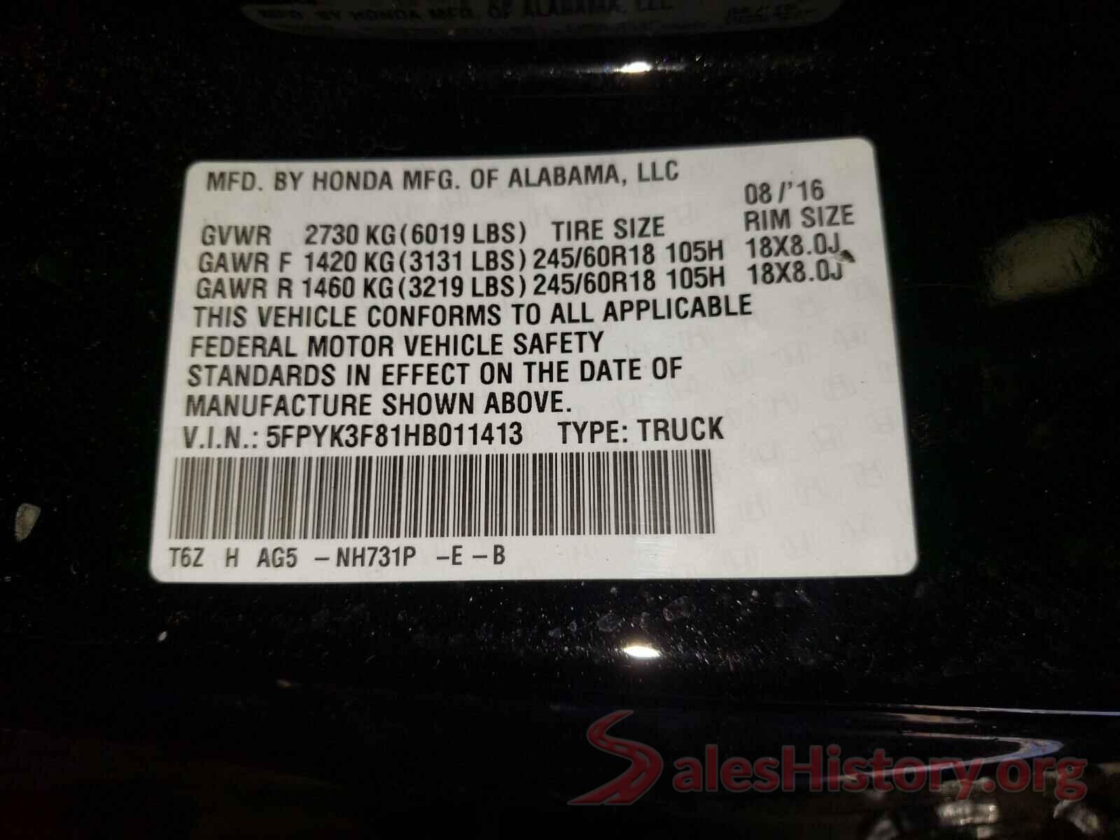 5FPYK3F81HB011413 2017 HONDA RIDGELINE