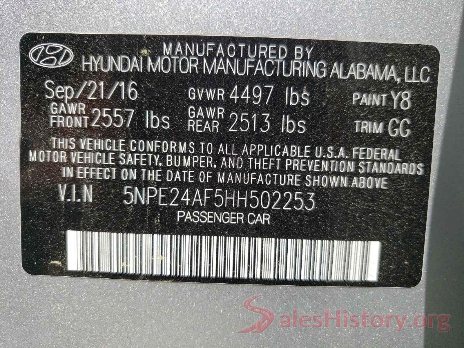 5NPE24AF5HH502253 2017 HYUNDAI SONATA