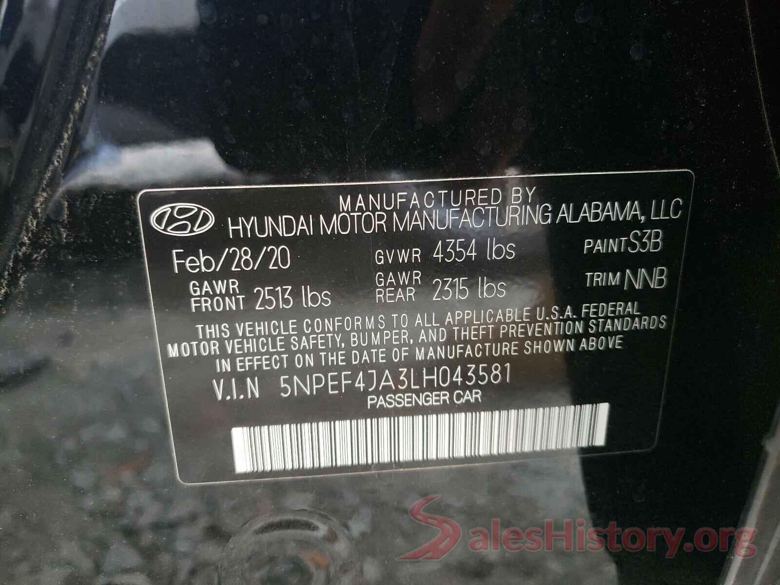 5NPEF4JA3LH043581 2020 HYUNDAI SONATA