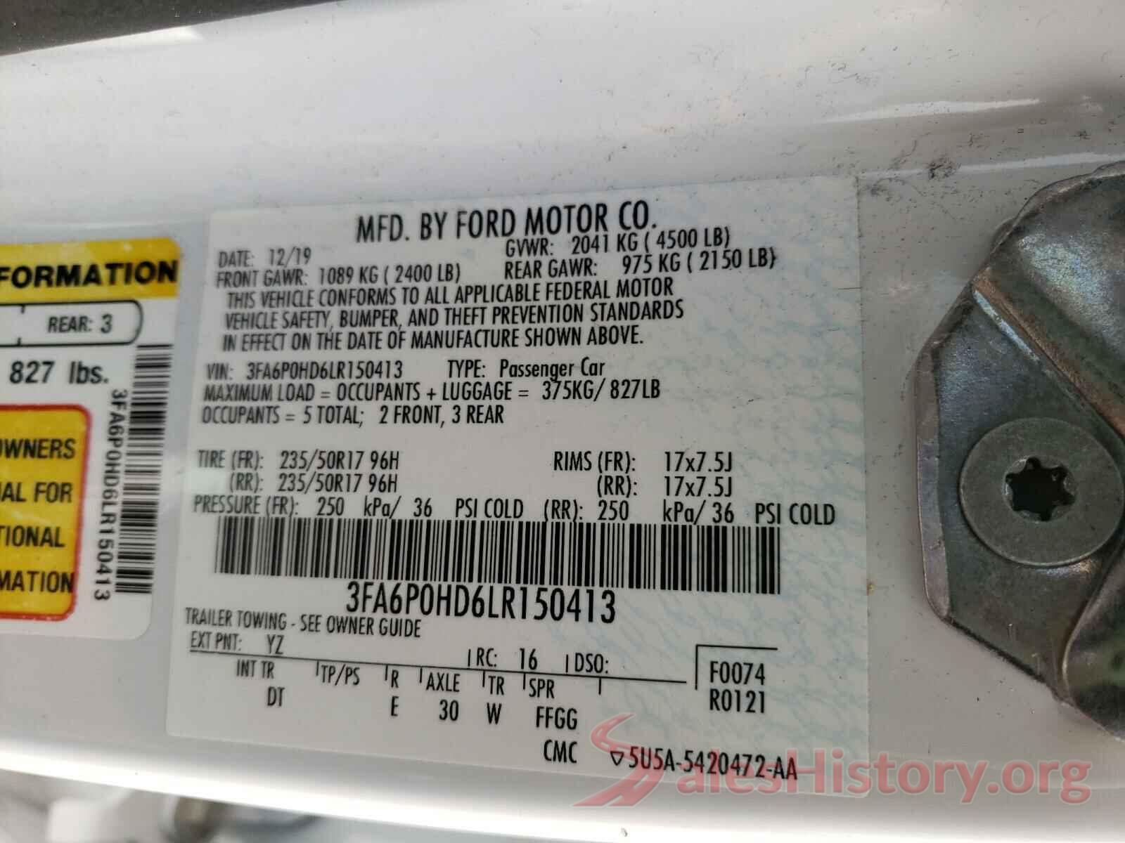 3FA6P0HD6LR150413 2020 FORD FUSION