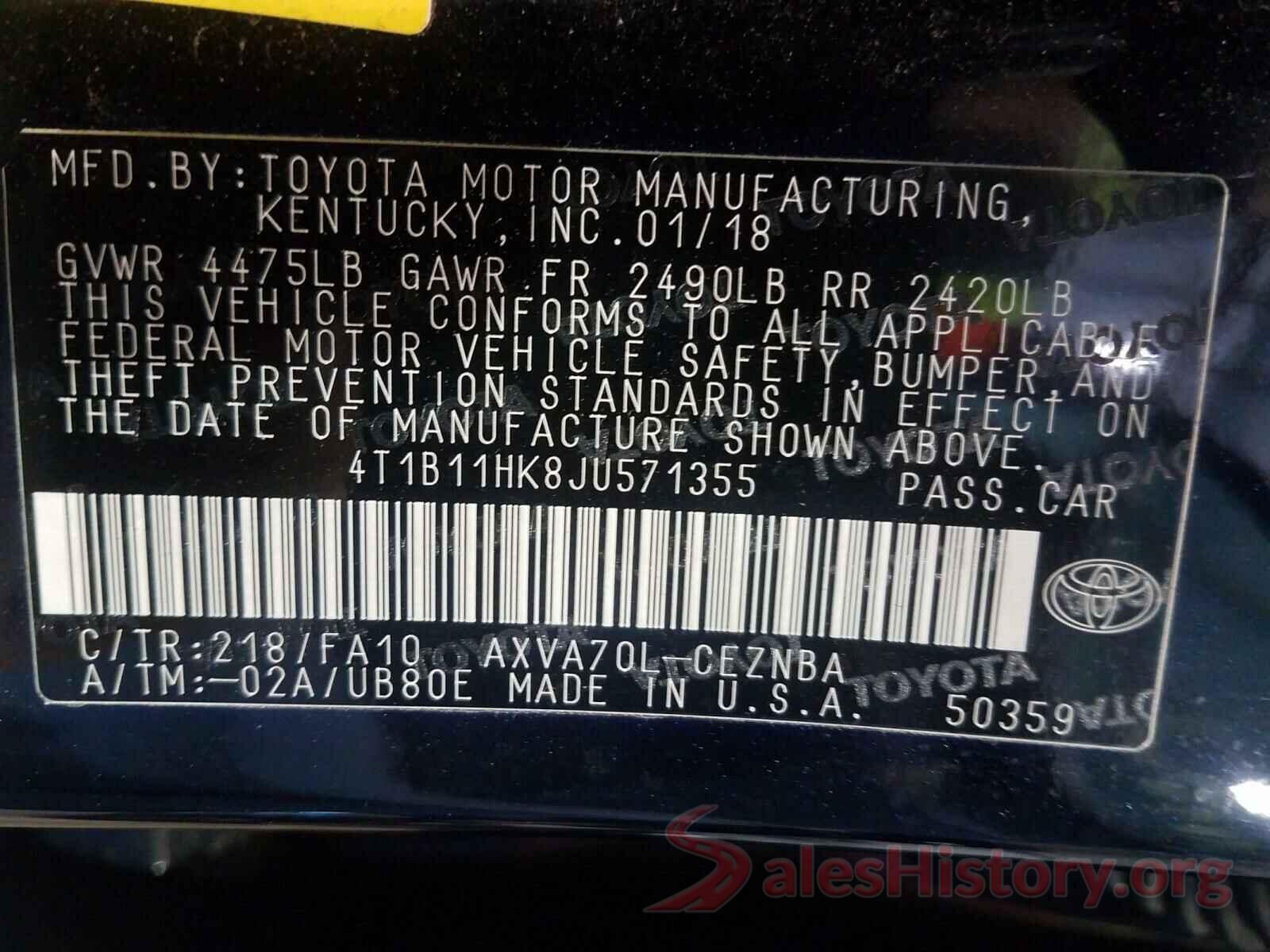 4T1B11HK8JU571355 2018 TOYOTA CAMRY