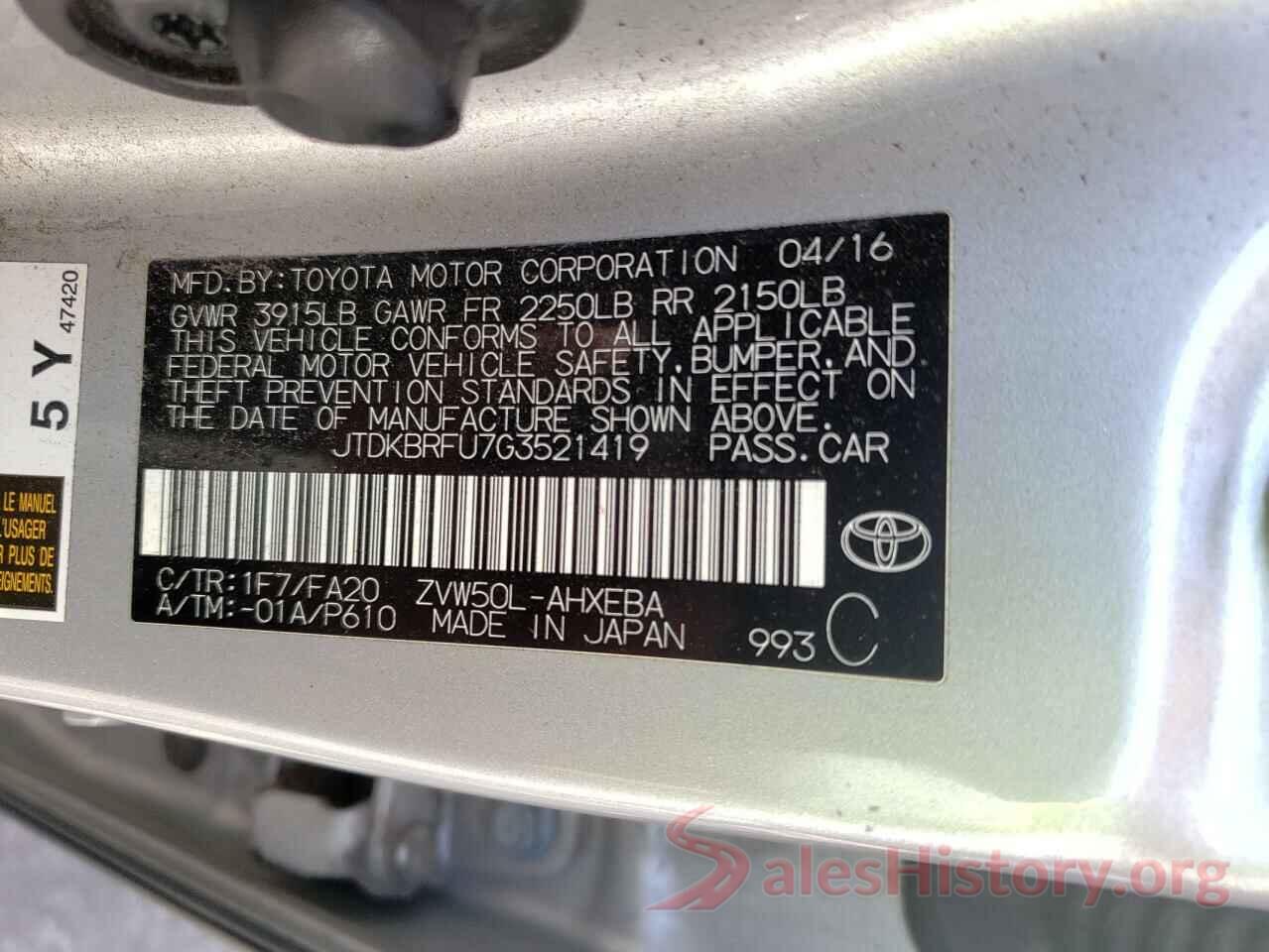 JTDKBRFU7G3521419 2016 TOYOTA PRIUS