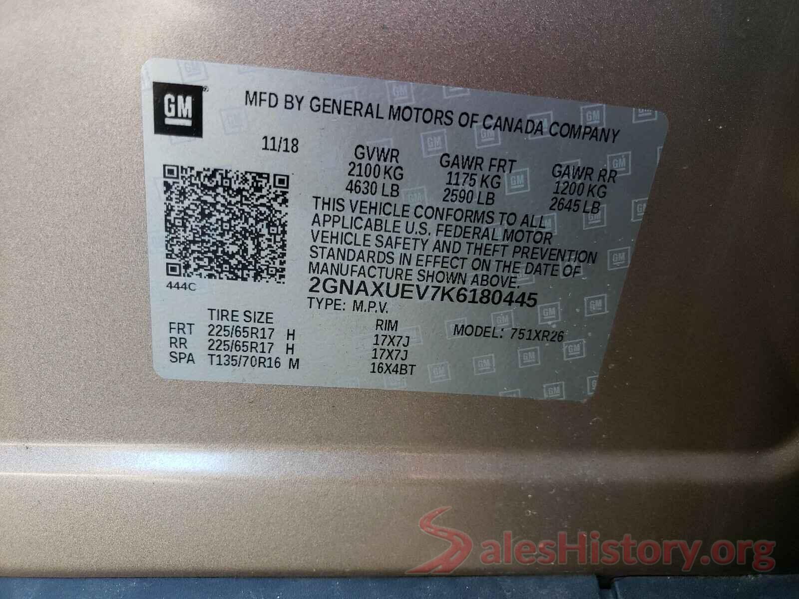 2GNAXUEV7K6180445 2019 CHEVROLET EQUINOX