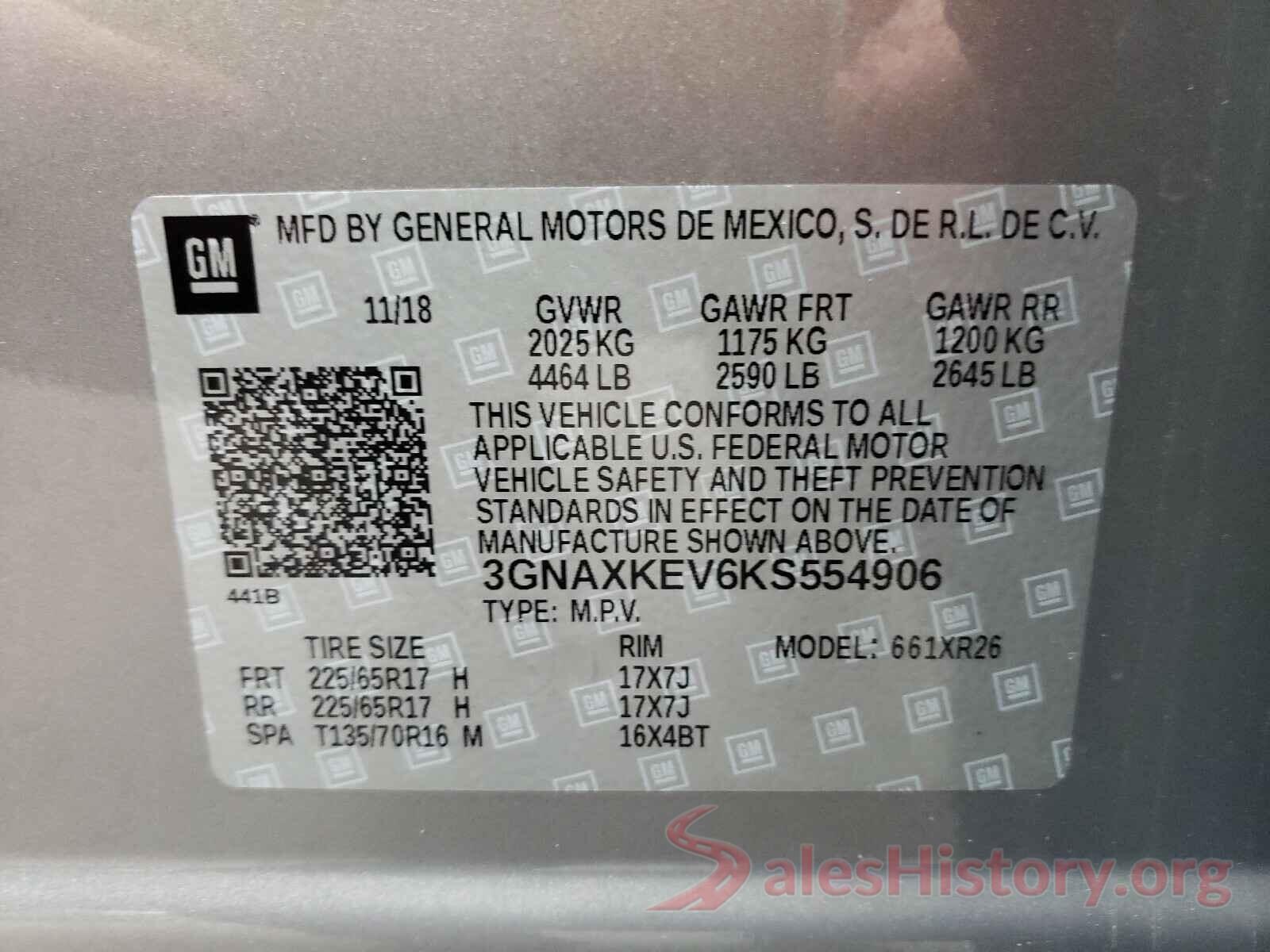 3GNAXKEV6KS554906 2019 CHEVROLET EQUINOX