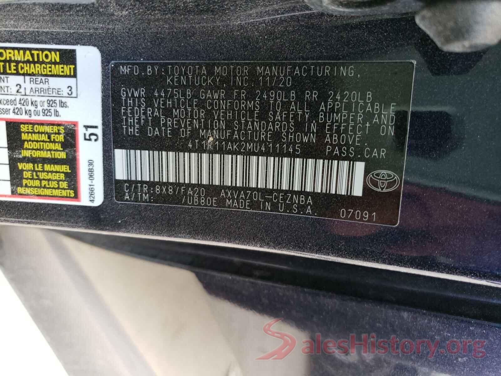 4T1R11AK2MU411145 2021 TOYOTA CAMRY