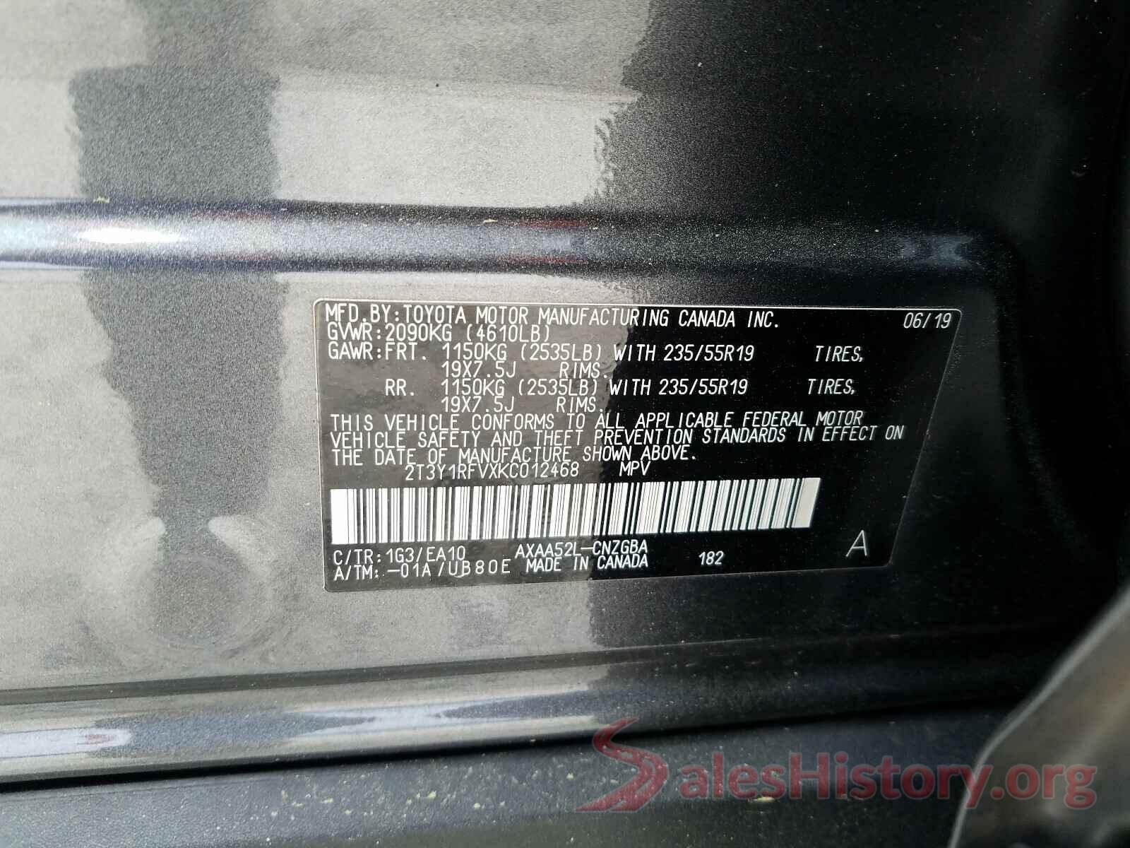 2T3Y1RFVXKC012468 2019 TOYOTA RAV4