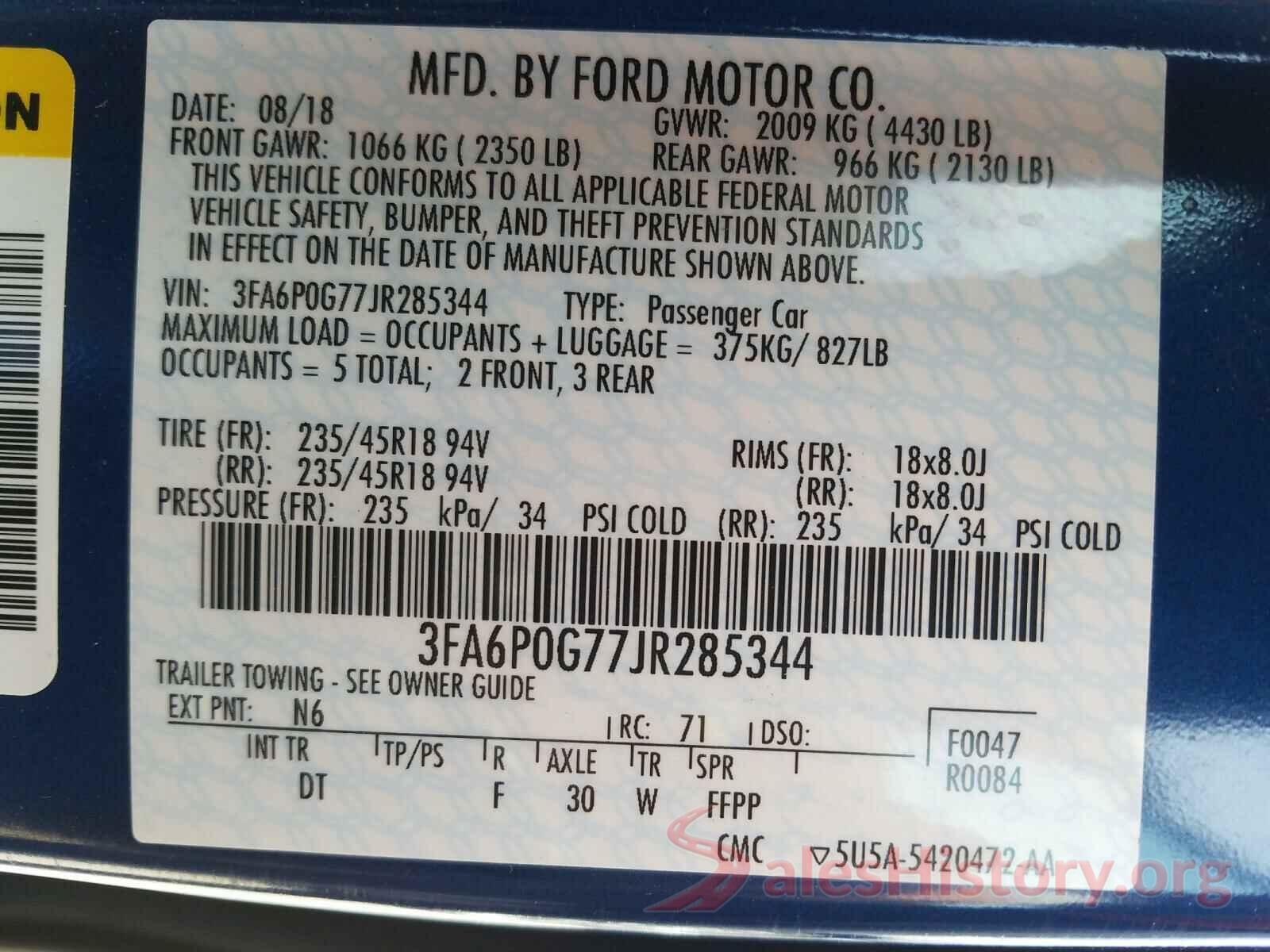 3FA6P0G77JR285344 2018 FORD FUSION