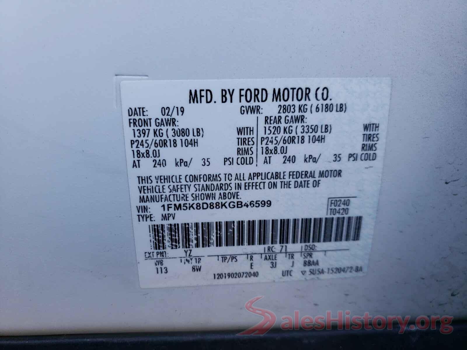 1FM5K8D88KGB46599 2019 FORD EXPLORER