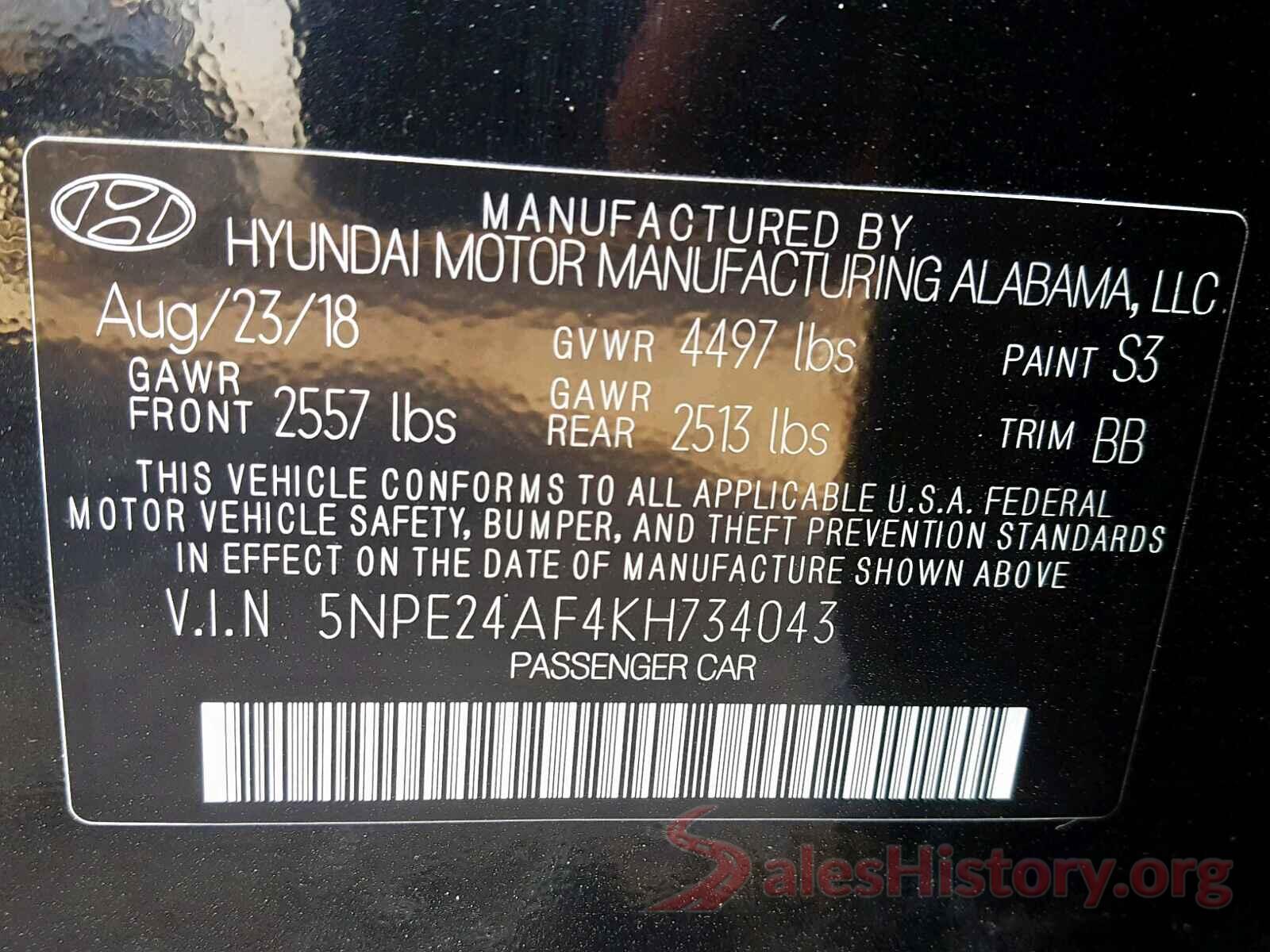 5NPE24AF4KH734043 2019 HYUNDAI SONATA