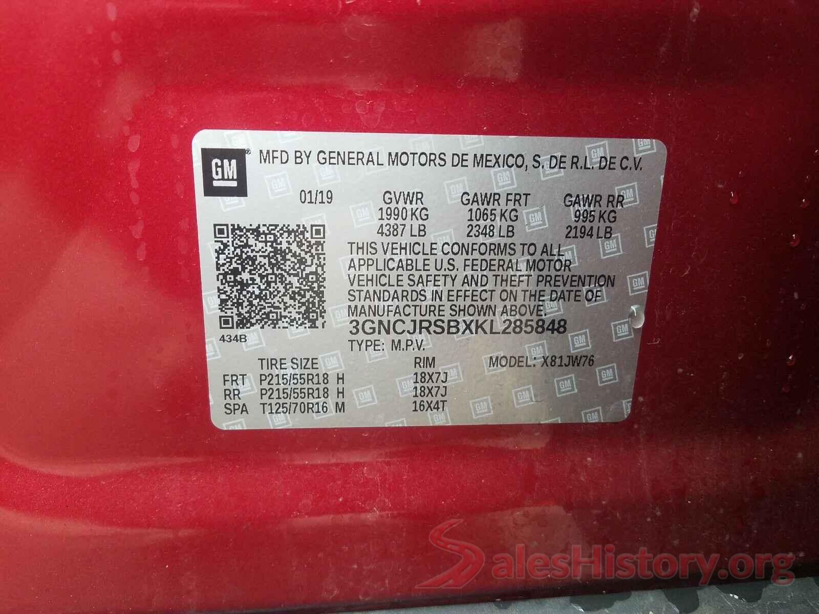 3GNCJRSBXKL285848 2019 CHEVROLET TRAX