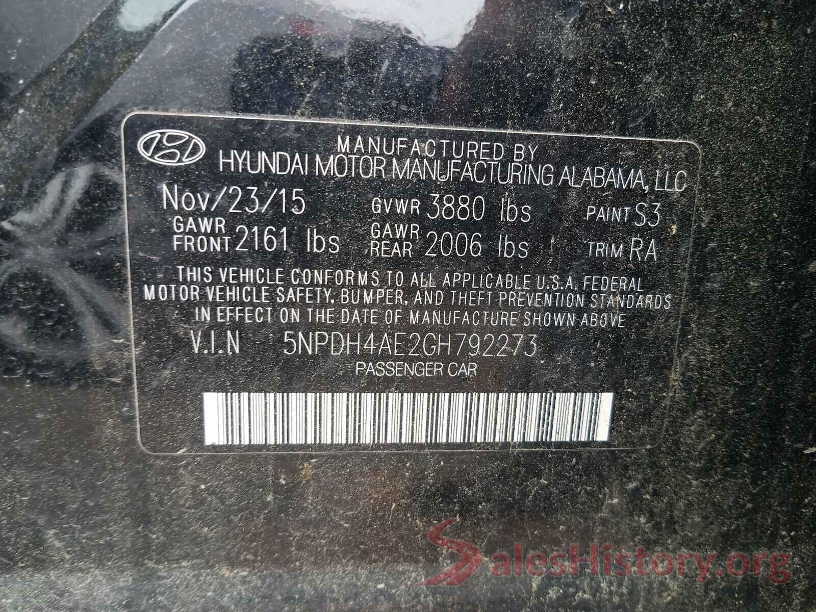 5NPDH4AE2GH792273 2016 HYUNDAI ELANTRA