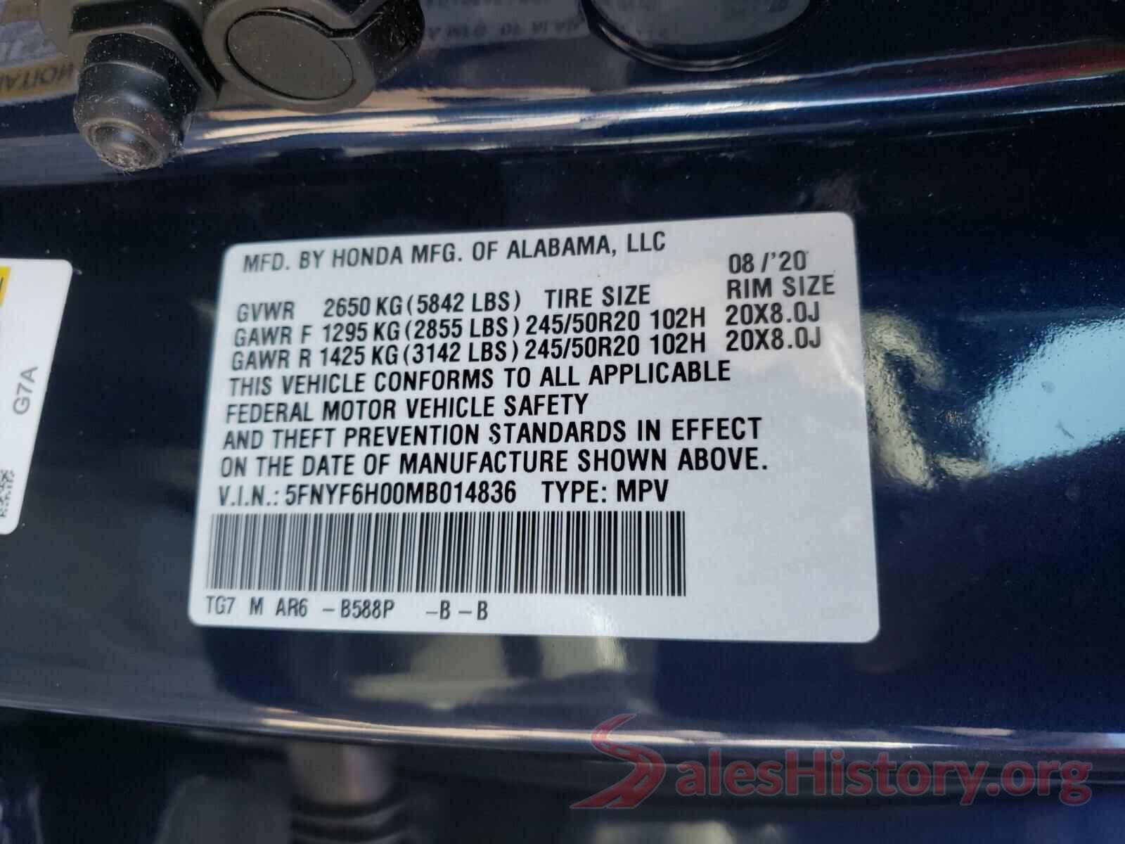 5FNYF6H00MB014836 2021 HONDA PILOT