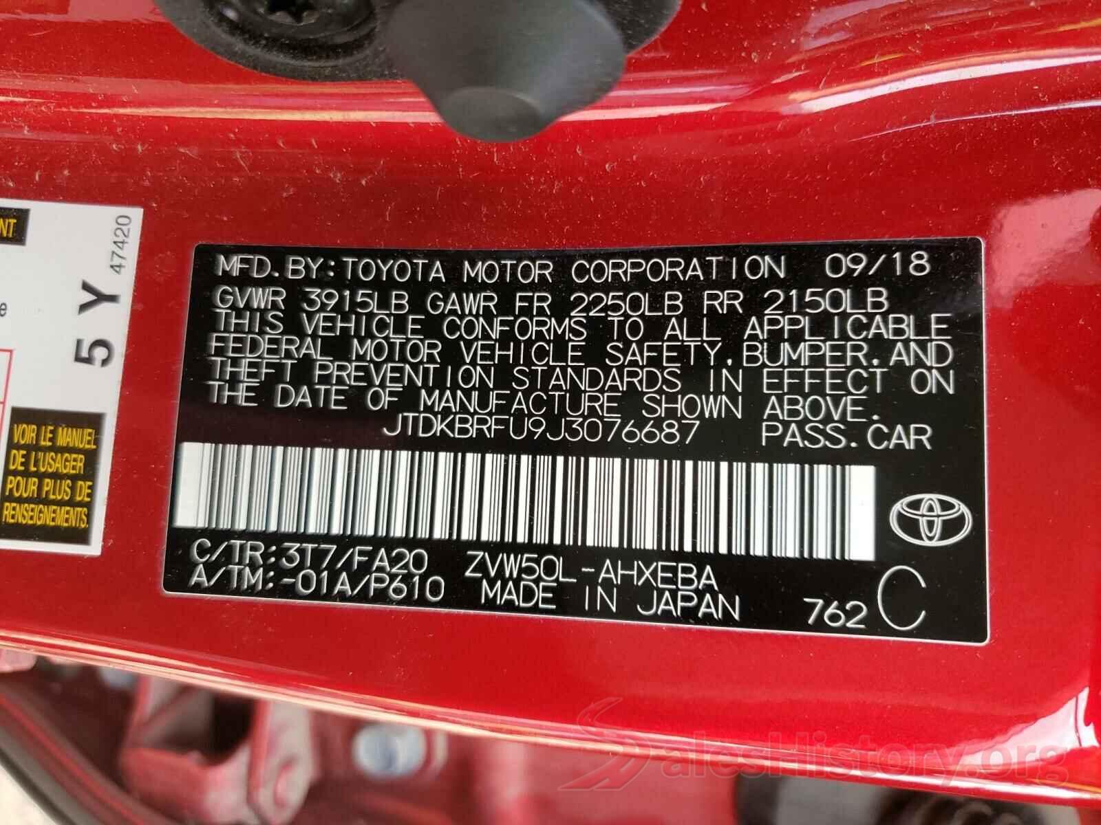 JTDKBRFU9J3076687 2018 TOYOTA PRIUS