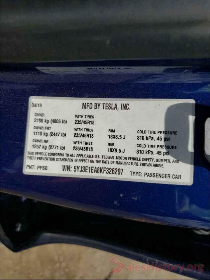 5YJ3E1EA8KF326297 2019 TESLA MODEL 3