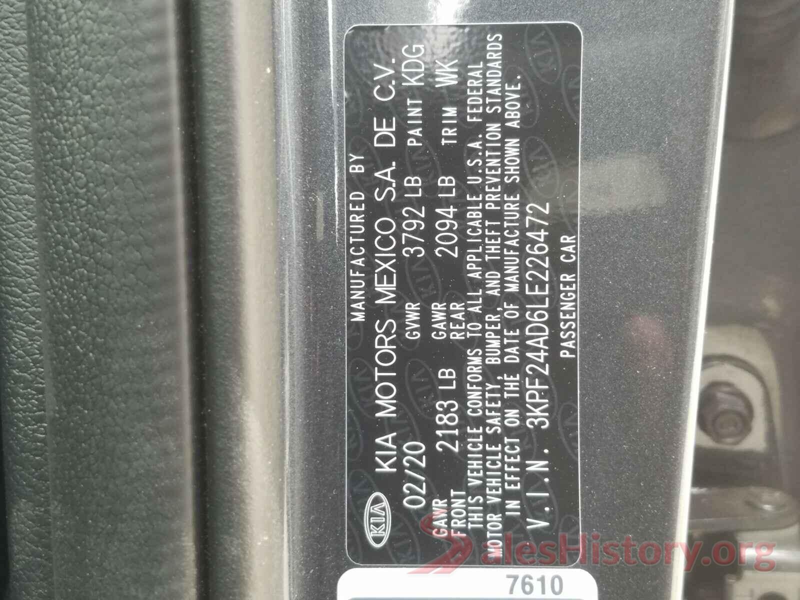 3KPF24AD6LE226472 2020 KIA FORTE