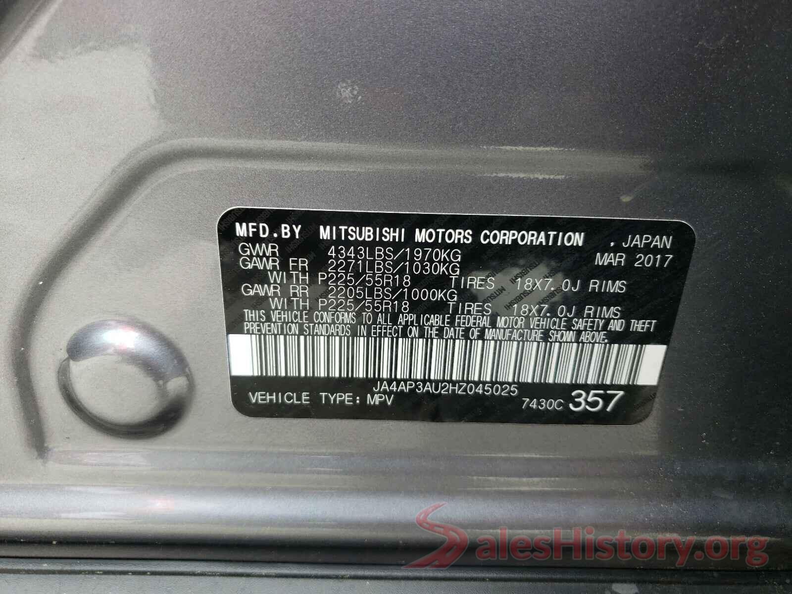 JA4AP3AU2HZ045025 2017 MITSUBISHI OUTLANDER