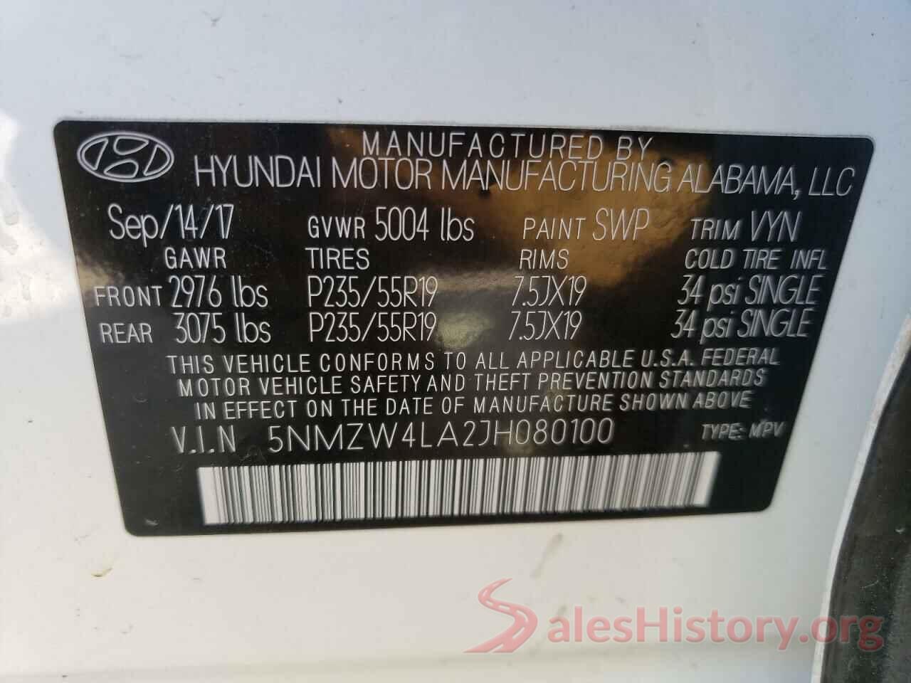 5NMZW4LA2JH080100 2018 HYUNDAI SANTA FE