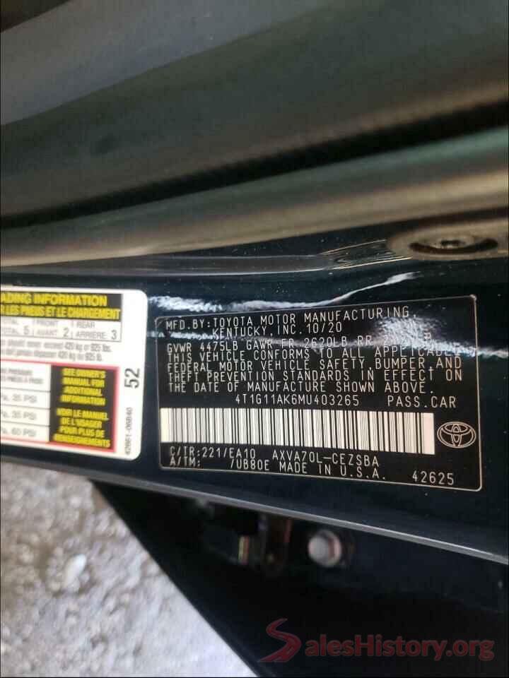 4T1G11AK6MU403265 2021 TOYOTA CAMRY