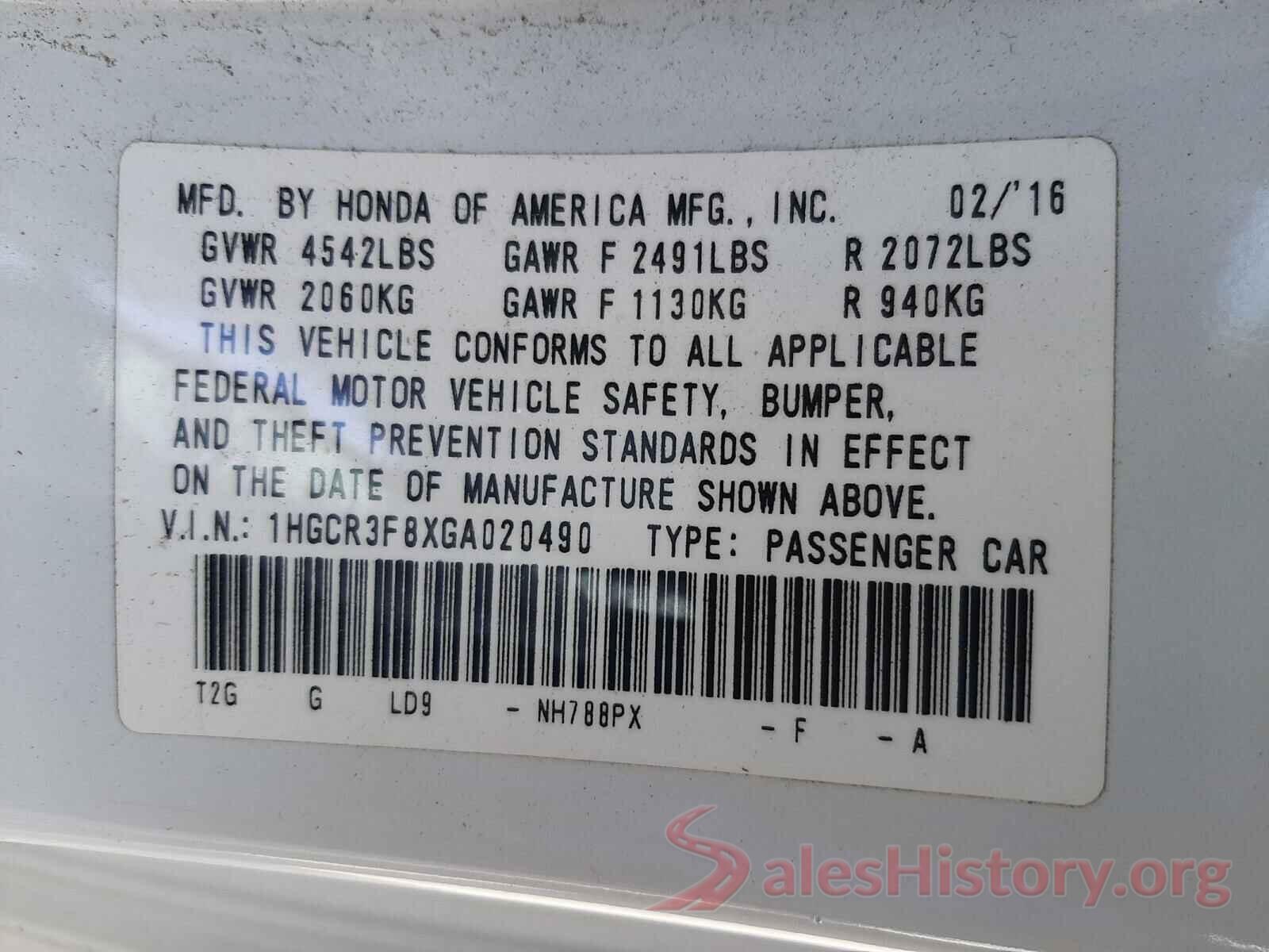 1HGCR3F8XGA020490 2016 HONDA ACCORD