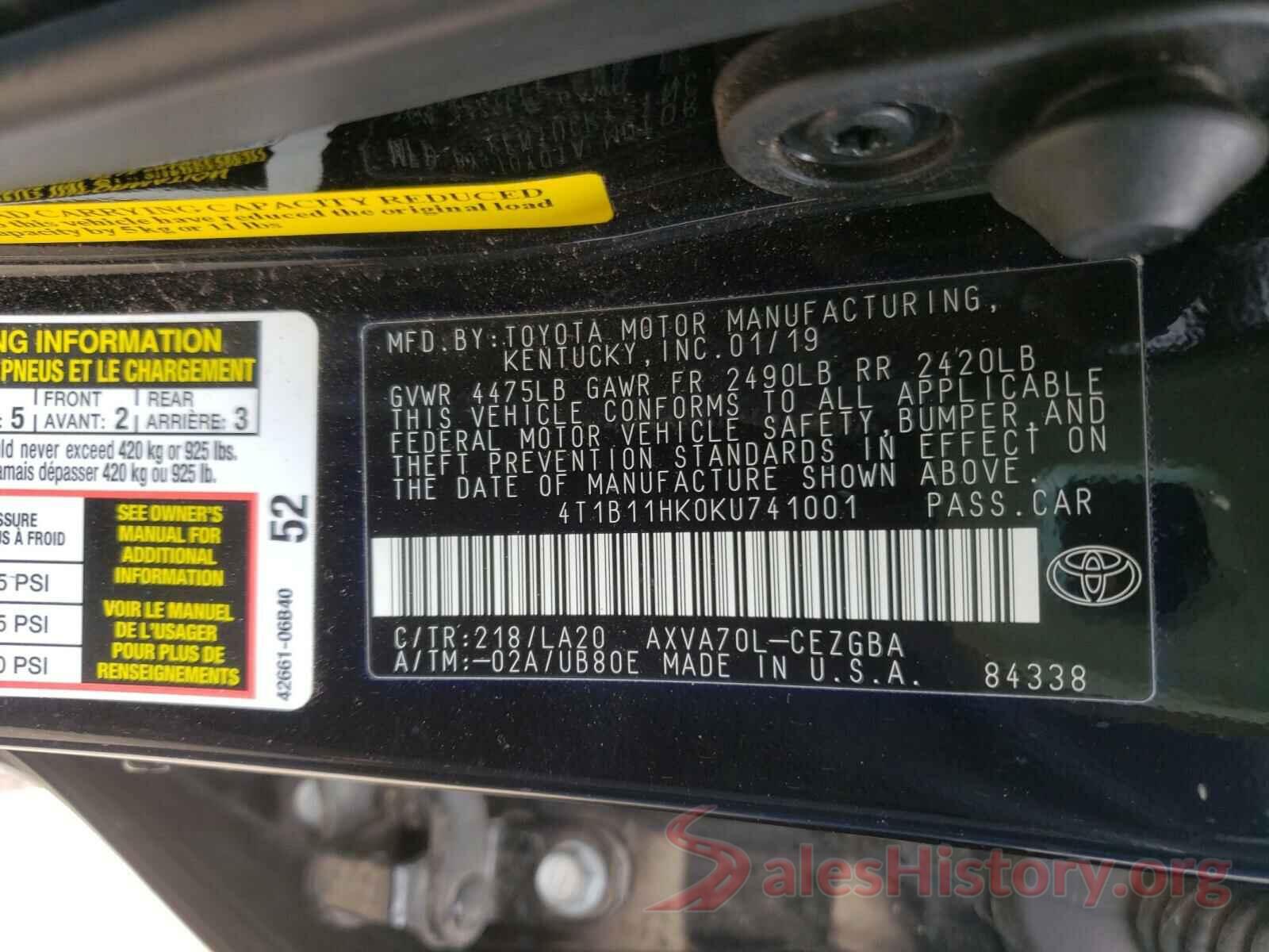 4T1B11HK0KU741001 2019 TOYOTA CAMRY