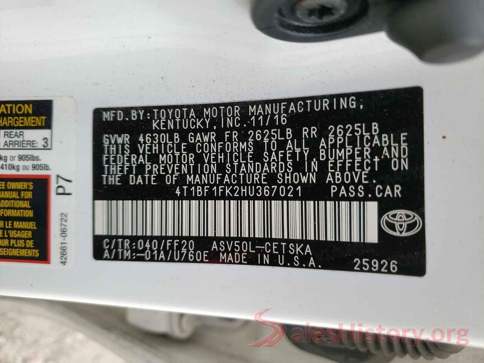 4T1BF1FK2HU367021 2017 TOYOTA CAMRY