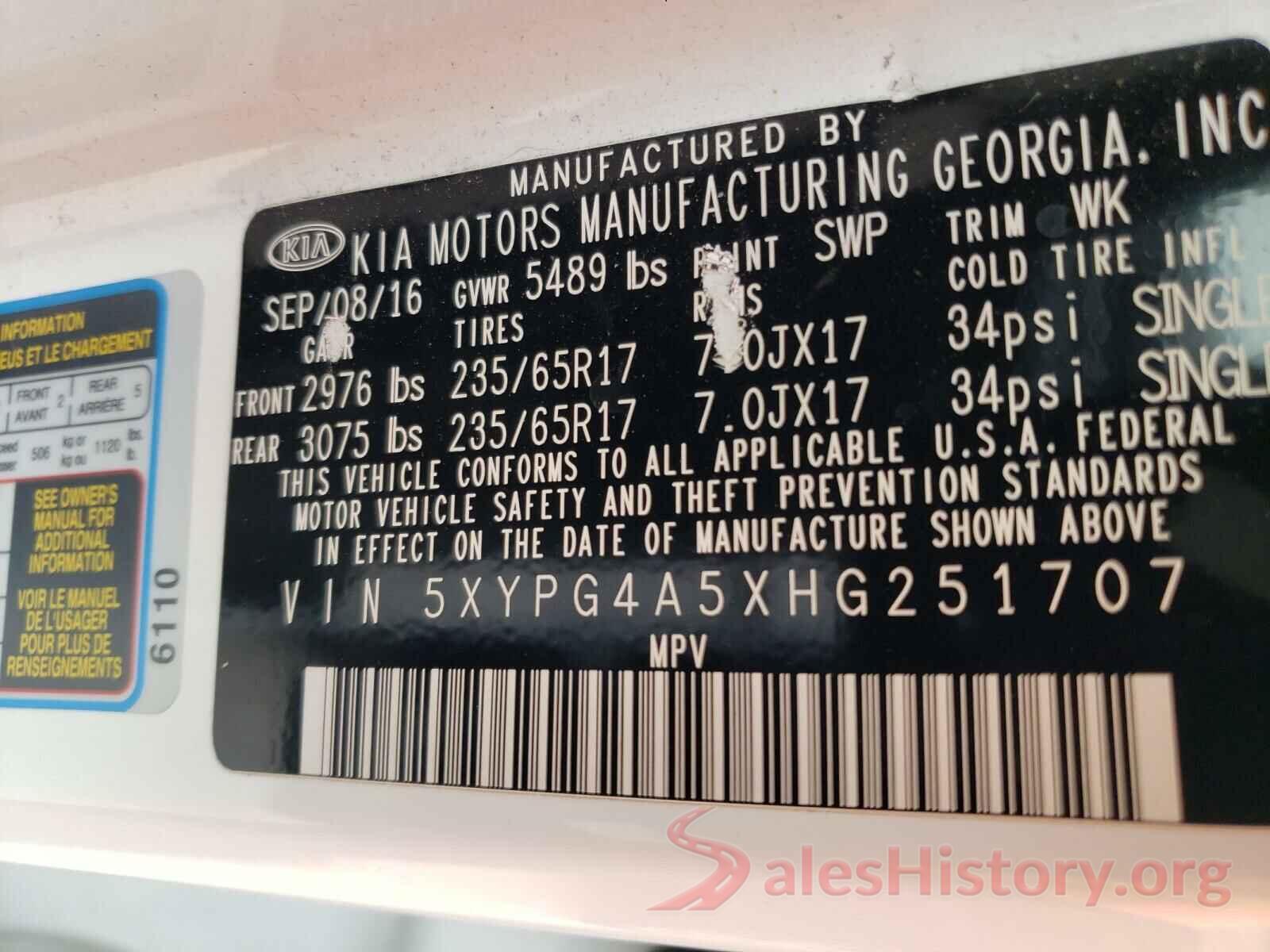 5XYPG4A5XHG251707 2017 KIA SORENTO