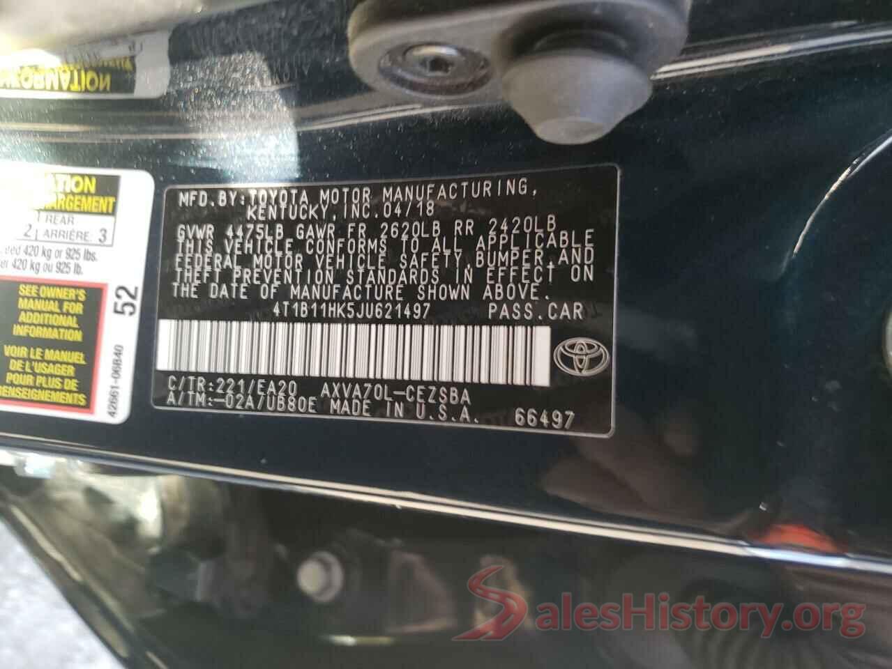 4T1B11HK5JU621497 2018 TOYOTA CAMRY