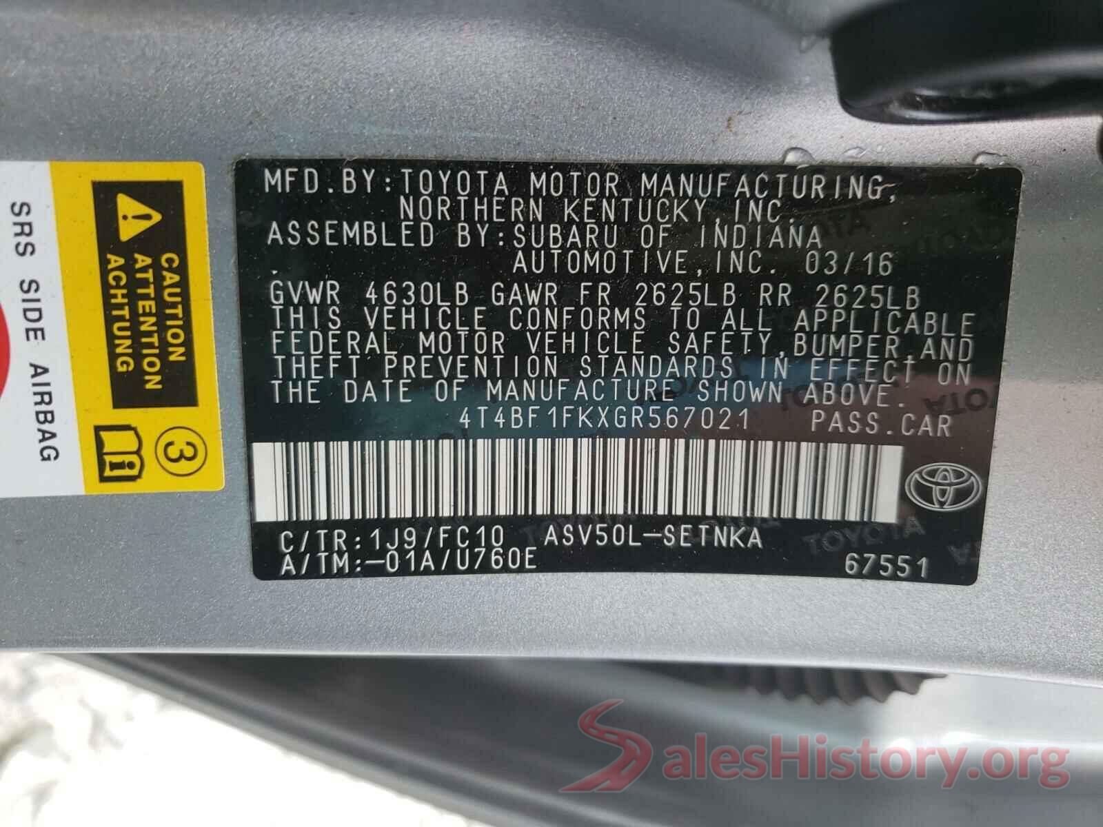 4T4BF1FKXGR567021 2016 TOYOTA CAMRY