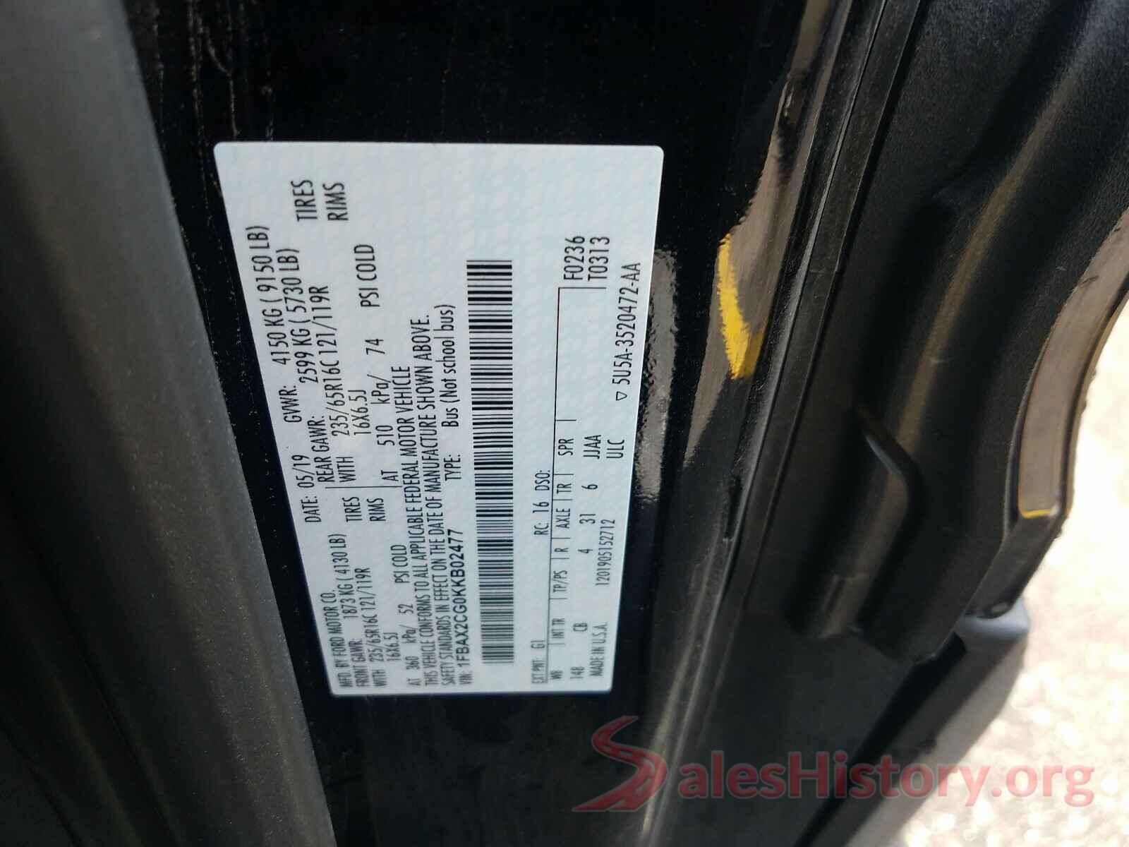 1FBAX2CG0KKB02477 2019 FORD TRANSIT CO