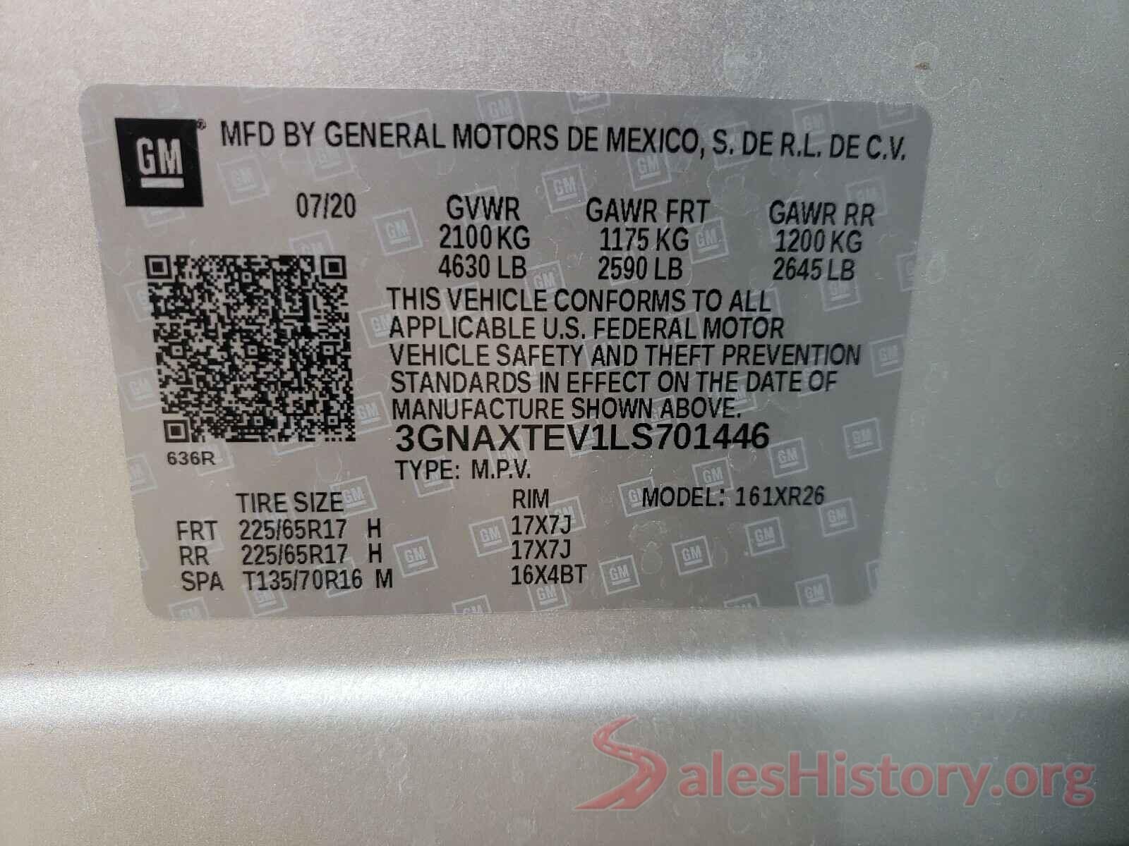 3GNAXTEV1LS701446 2020 CHEVROLET EQUINOX