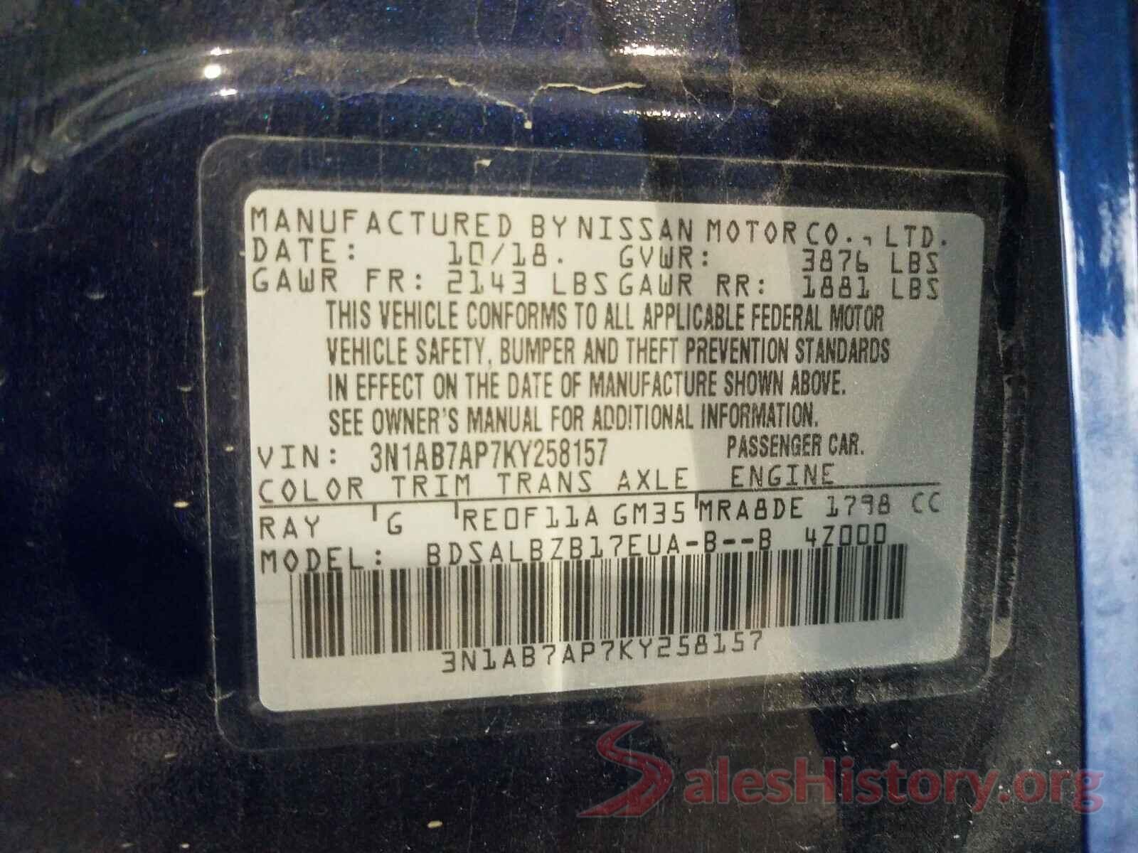 3N1AB7AP7KY258157 2019 NISSAN SENTRA