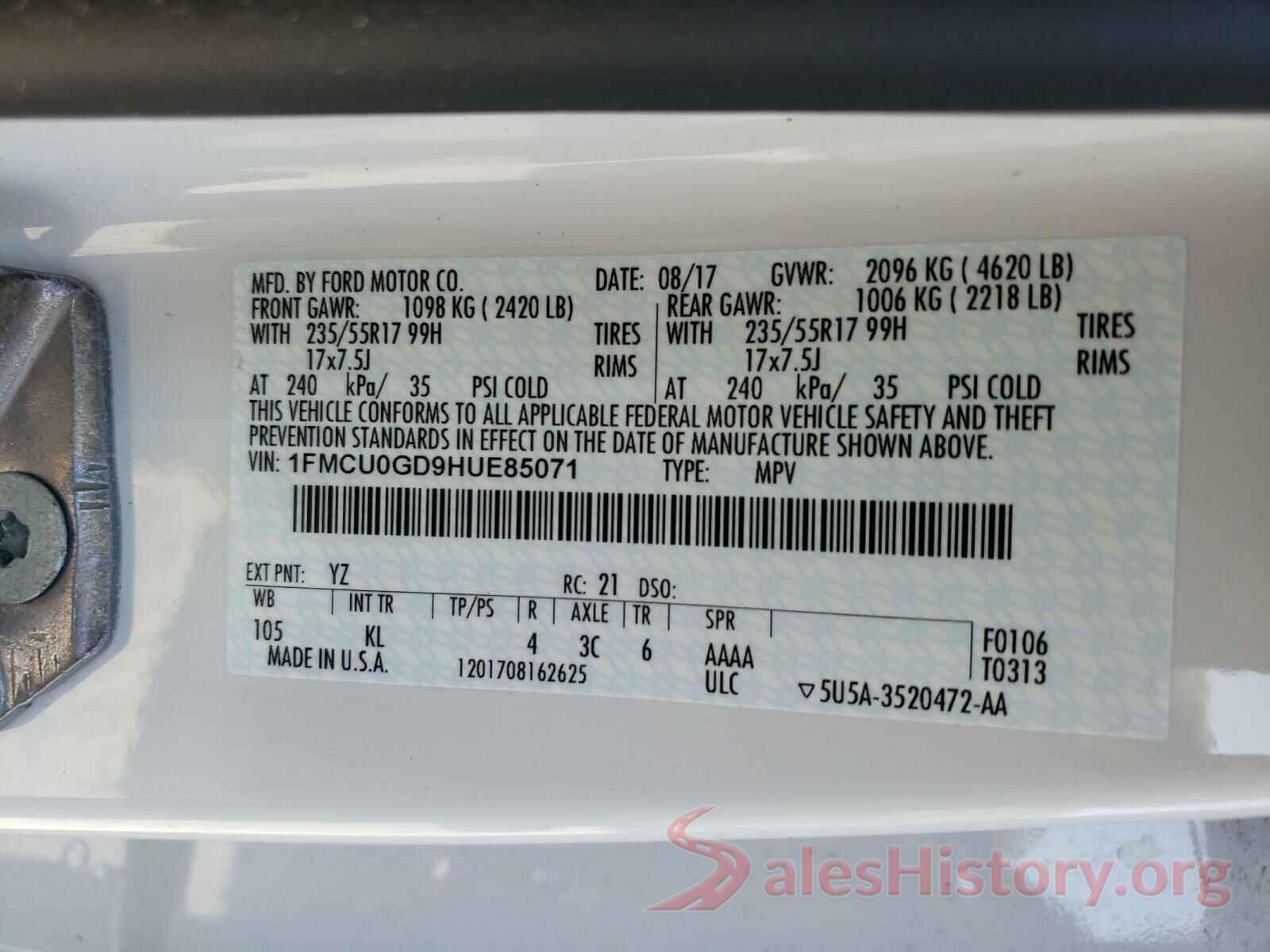 1FMCU0GD9HUE85071 2017 FORD ESCAPE