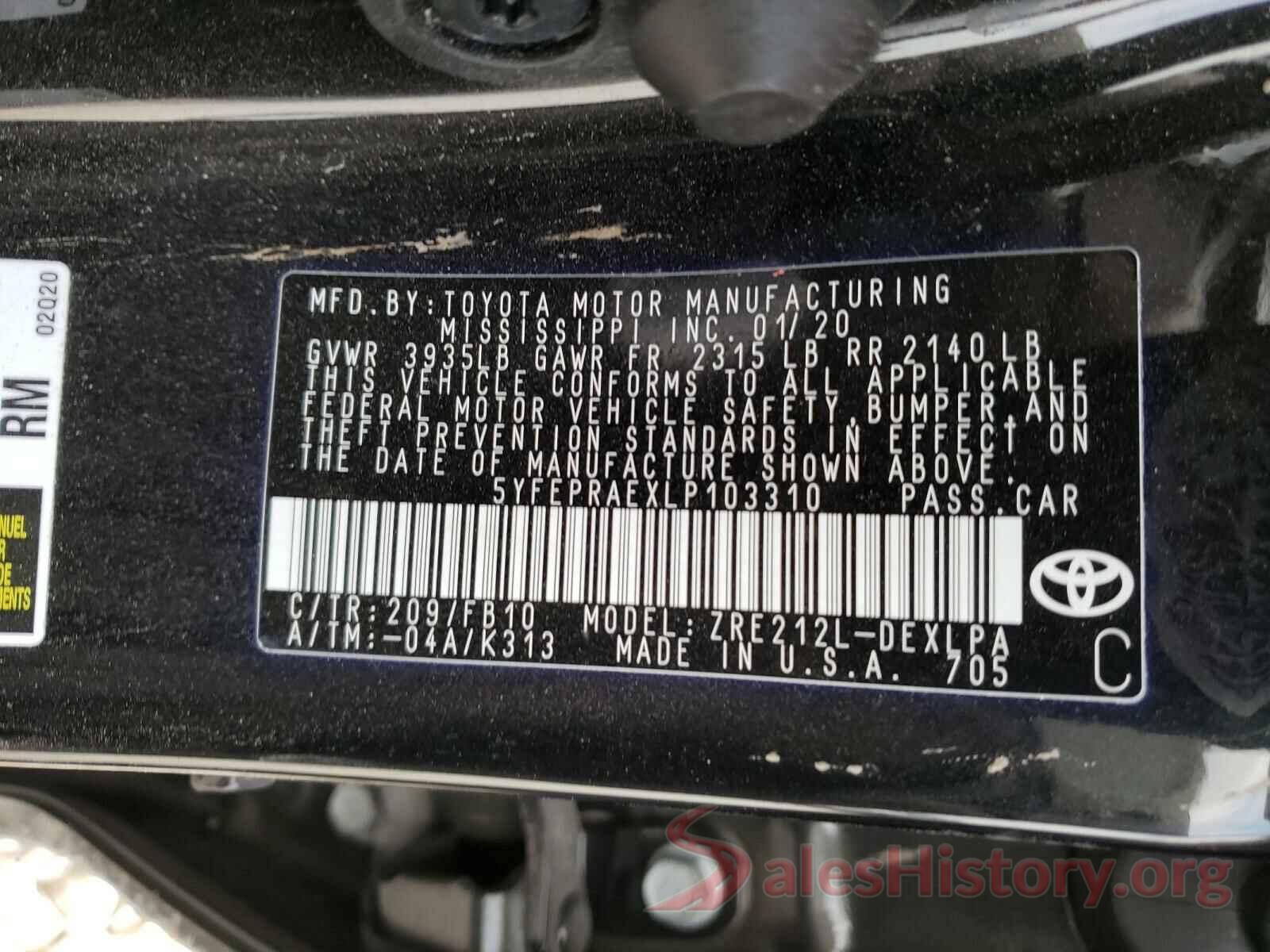 5YFEPRAEXLP103310 2020 TOYOTA COROLLA