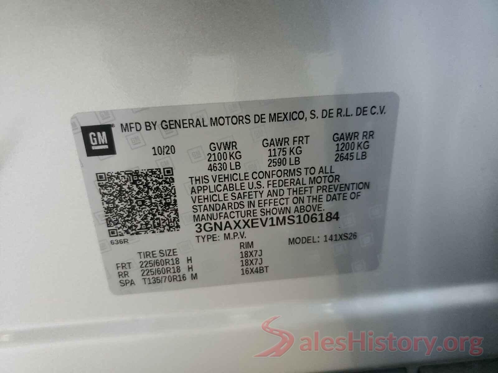 3GNAXXEV1MS106184 2021 CHEVROLET EQUINOX