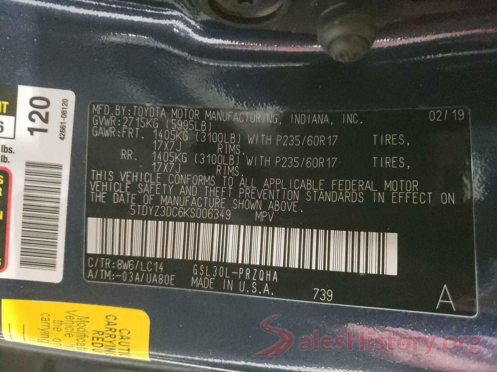 5TDYZ3DC6KS006349 2019 TOYOTA SIENNA