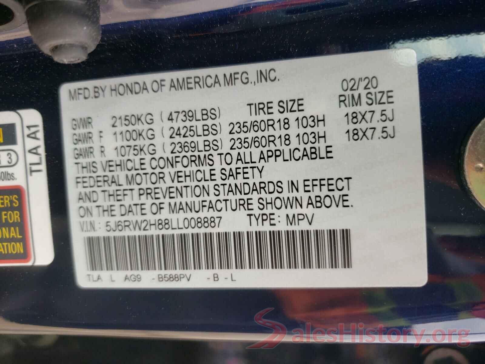 5J6RW2H88LL008887 2020 HONDA CRV