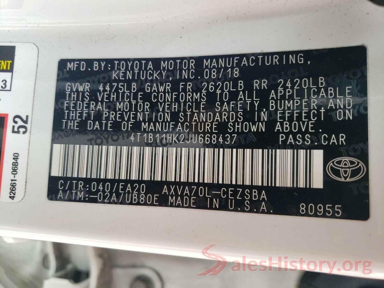 4T1B11HK2JU668437 2018 TOYOTA CAMRY