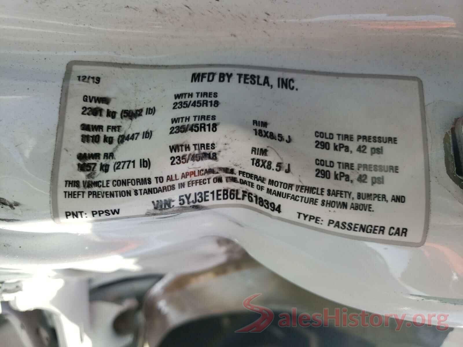 5YJ3E1EB6LF618394 2020 TESLA MODEL 3