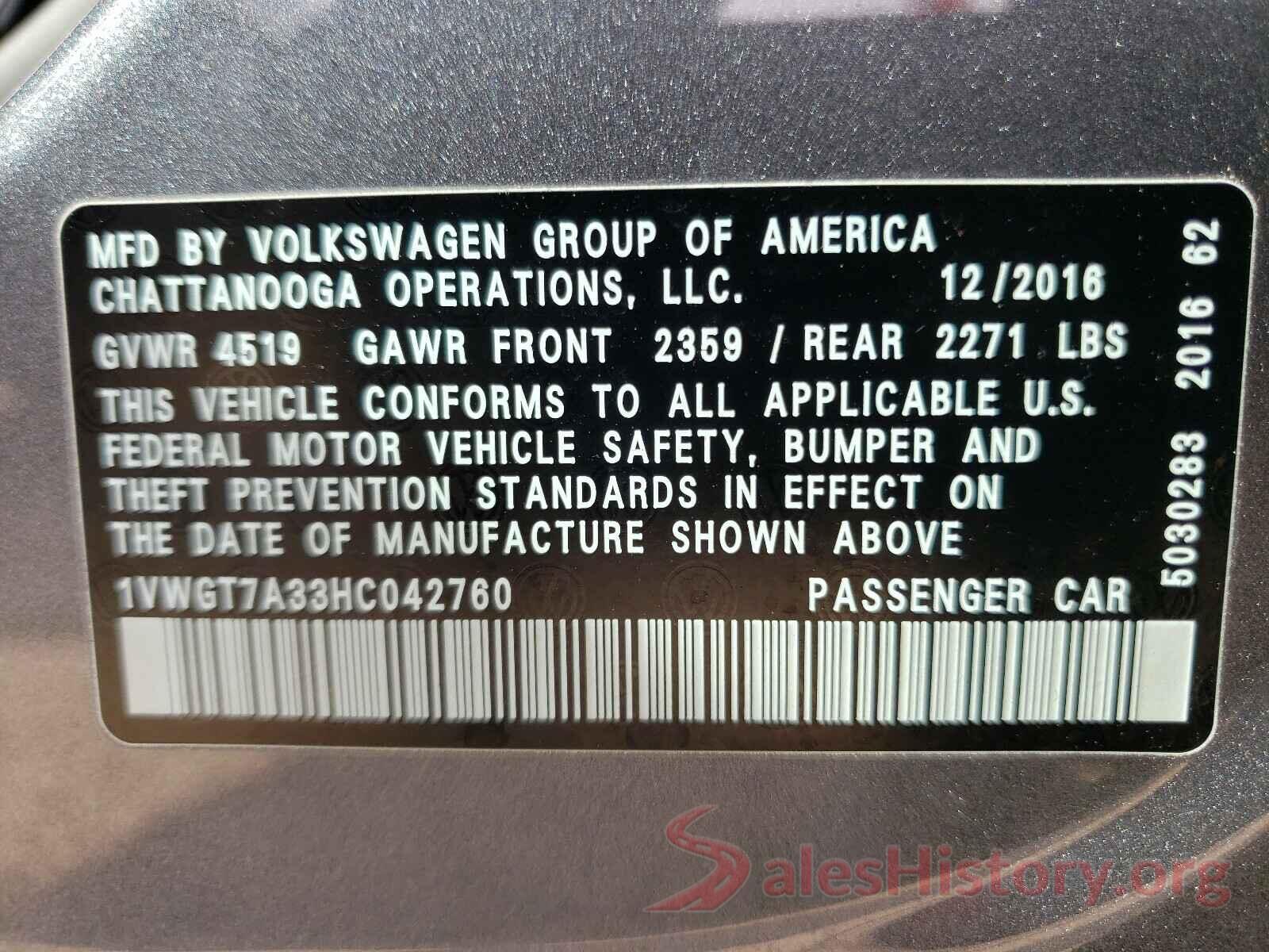 1VWGT7A33HC042760 2017 VOLKSWAGEN PASSAT