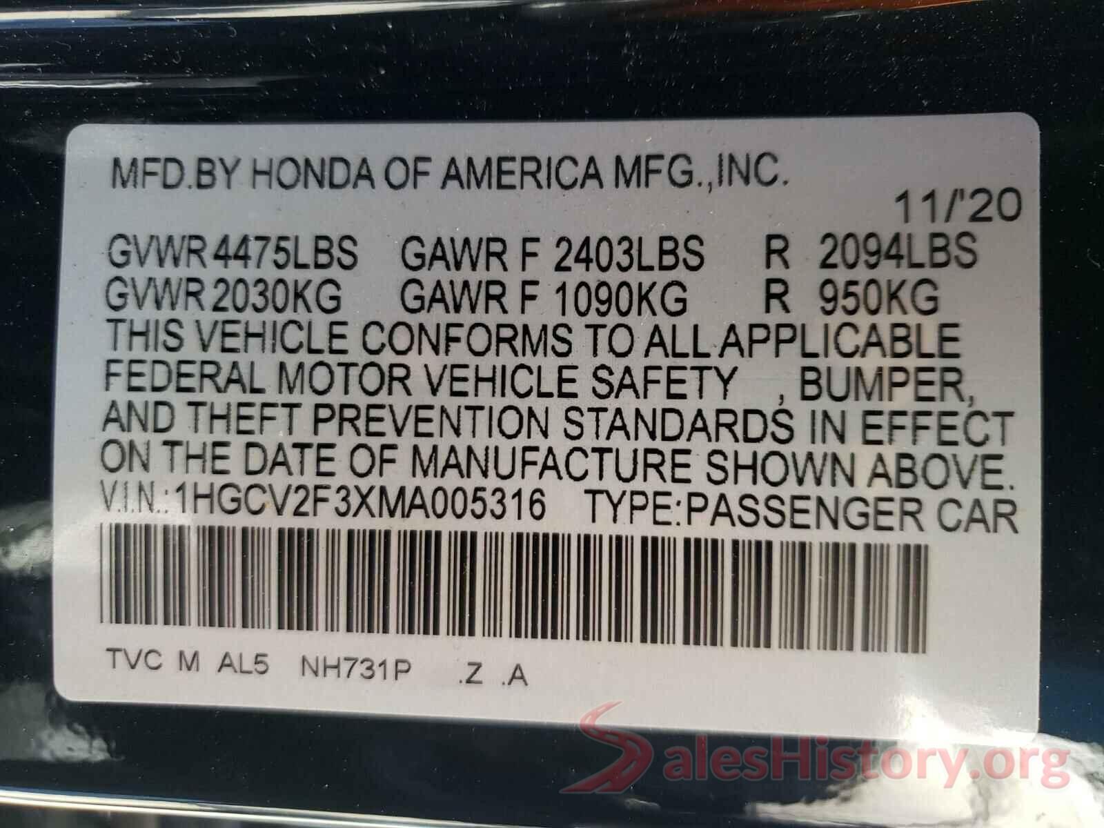 1HGCV2F3XMA005316 2021 HONDA ACCORD