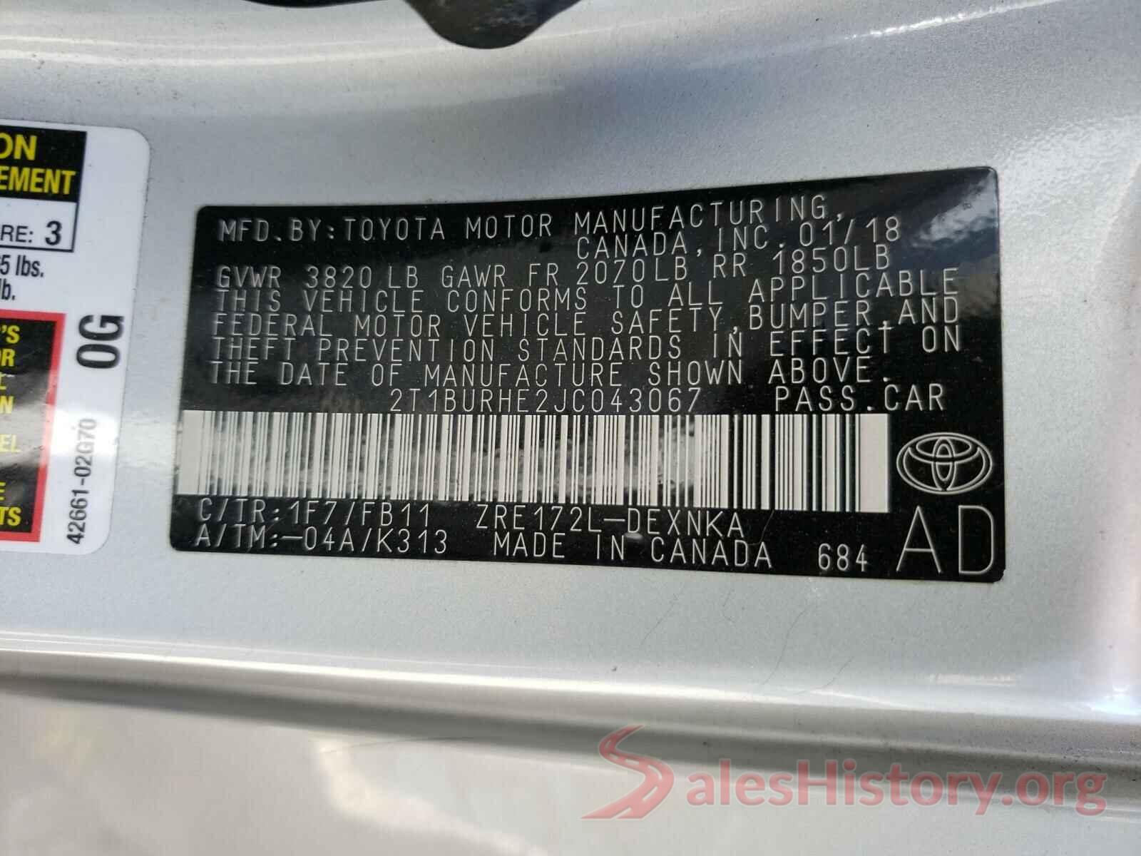 2T1BURHE2JC043067 2018 TOYOTA COROLLA