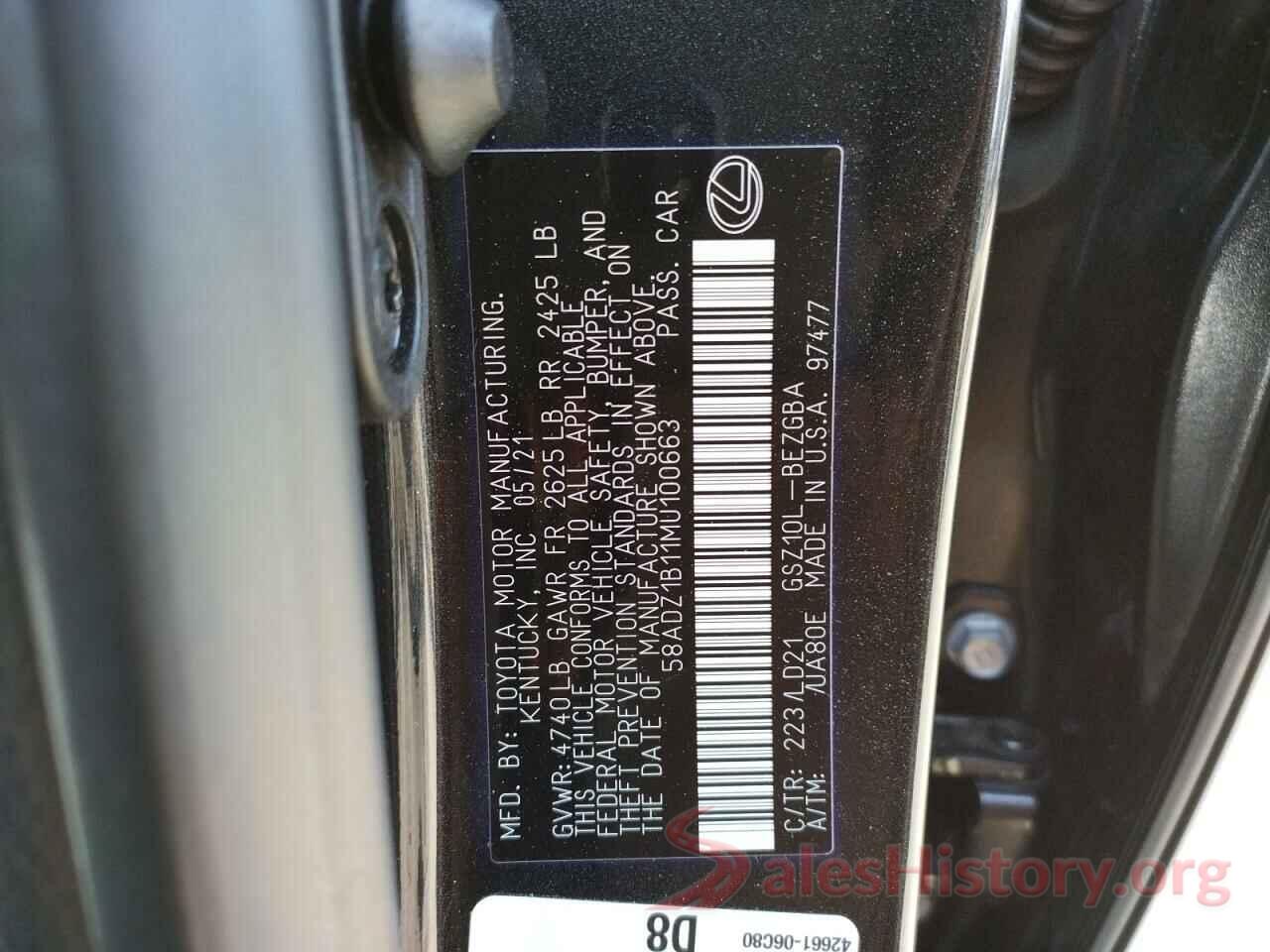 58ADZ1B11MU100663 2021 LEXUS ES350