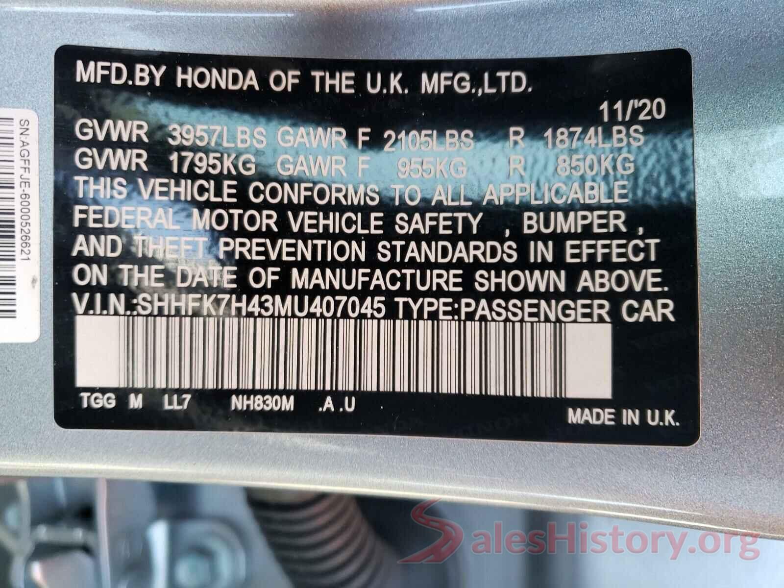 SHHFK7H43MU407045 2021 HONDA CIVIC