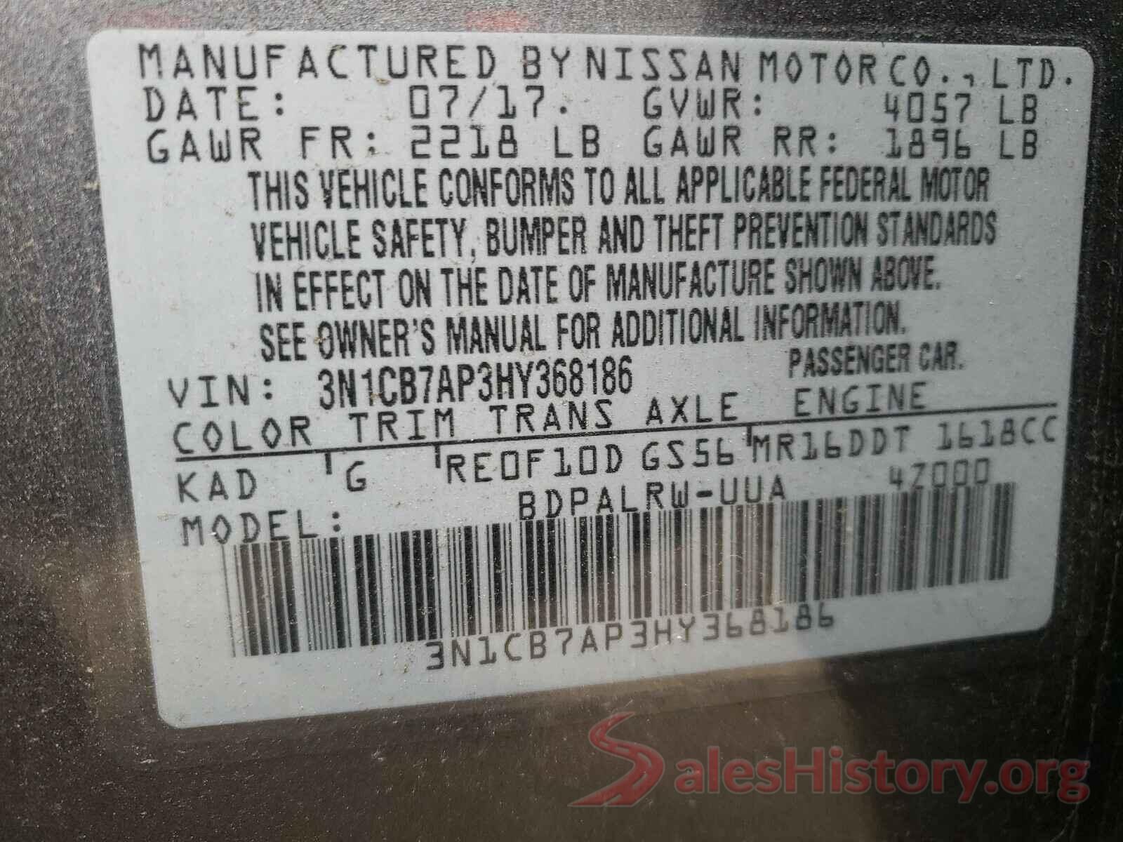 3N1CB7AP3HY368186 2017 NISSAN SENTRA