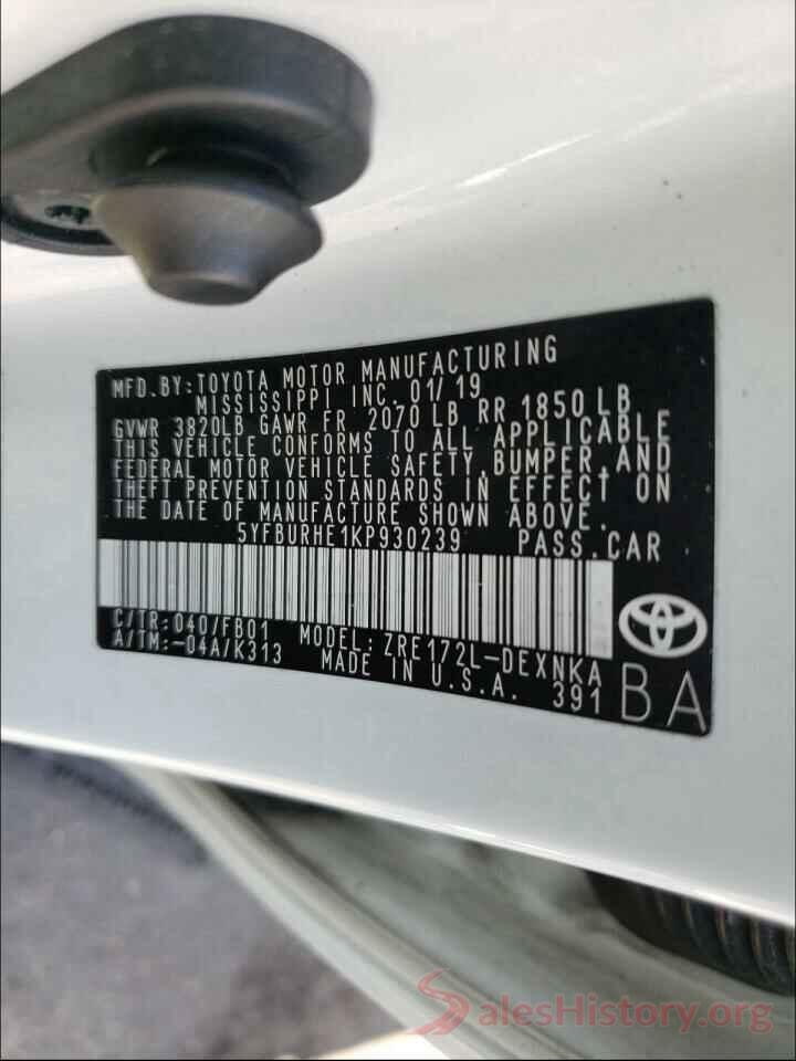 5YFBURHE1KP930239 2019 TOYOTA COROLLA