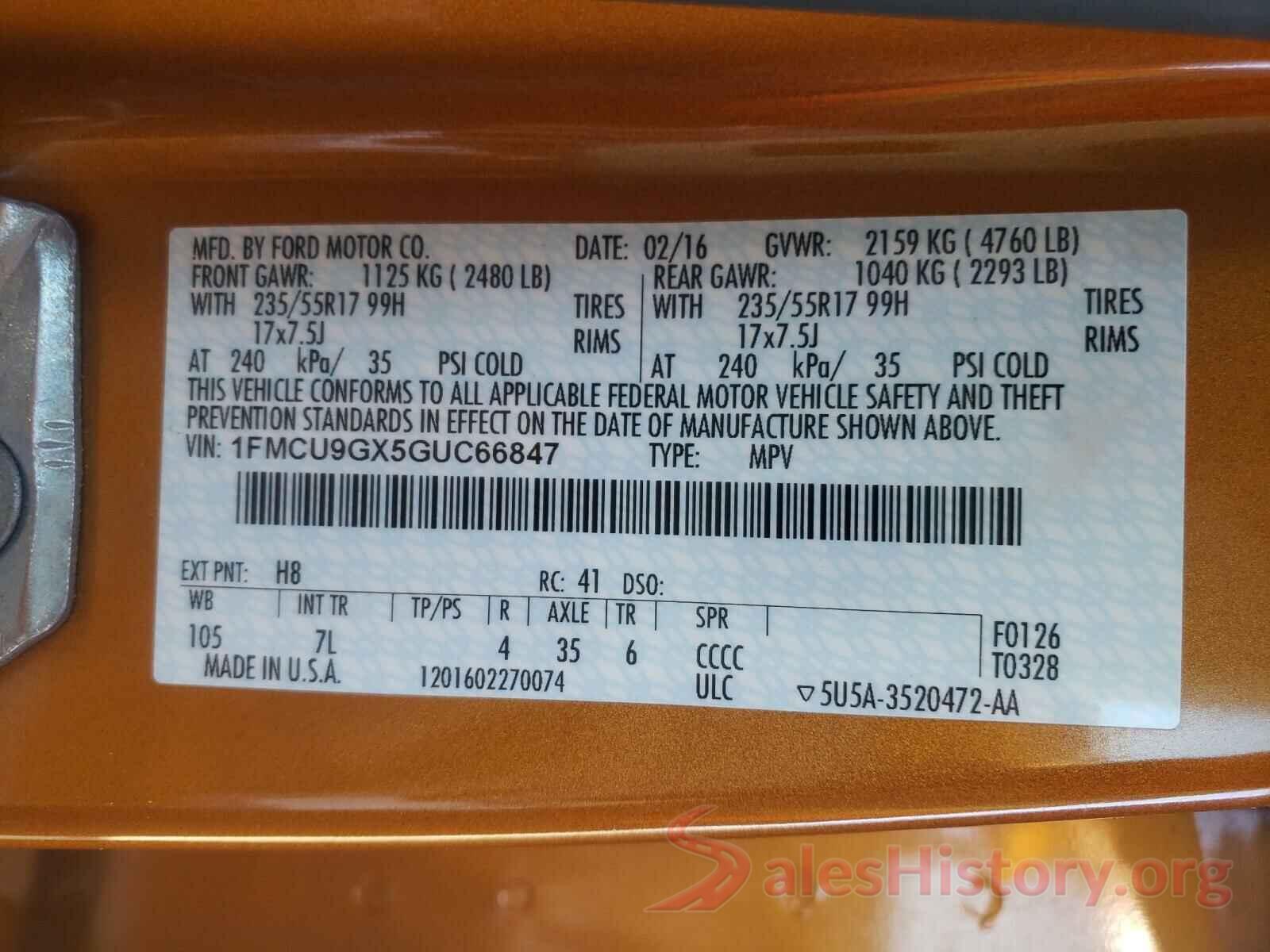 1FMCU9GX5GUC66847 2016 FORD ESCAPE